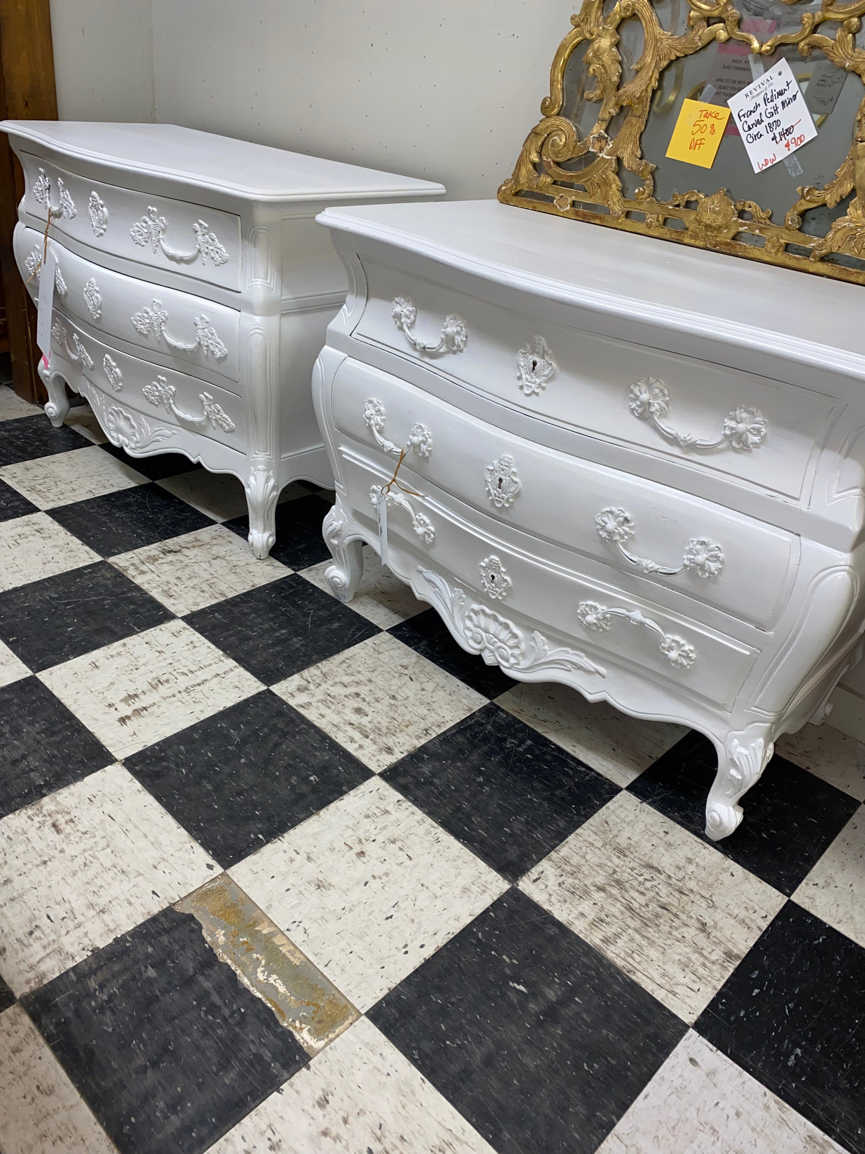 Pair of Painted French Bombe Chests C. 1940s