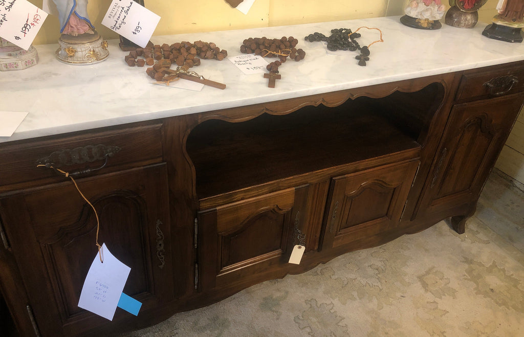 FRENCH PROVINCAL CARVED DARK OAK WHITE MARBLE TOP SIDEBOARD C.1920s GREAT SIZE