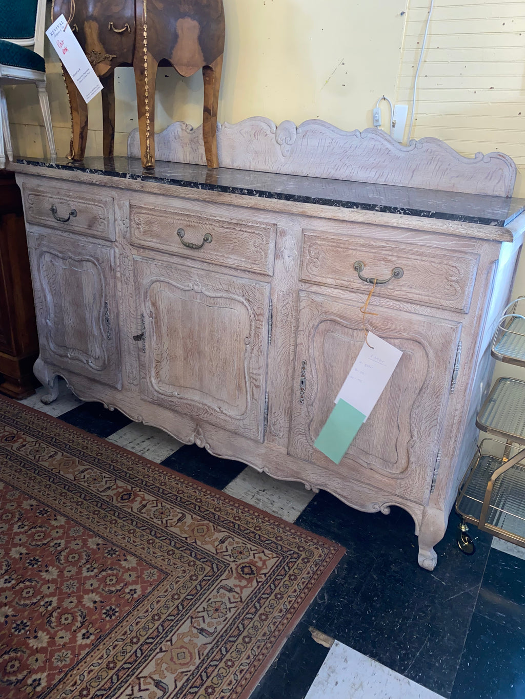 White Washed Oak Marble Top Sideboard C. 1920 from France