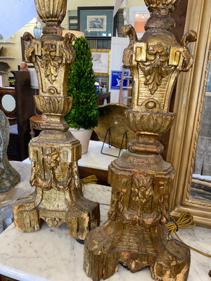 AS IS Pair of Hand Carved Gilt Wood Italian Candlesticks C. 1700s