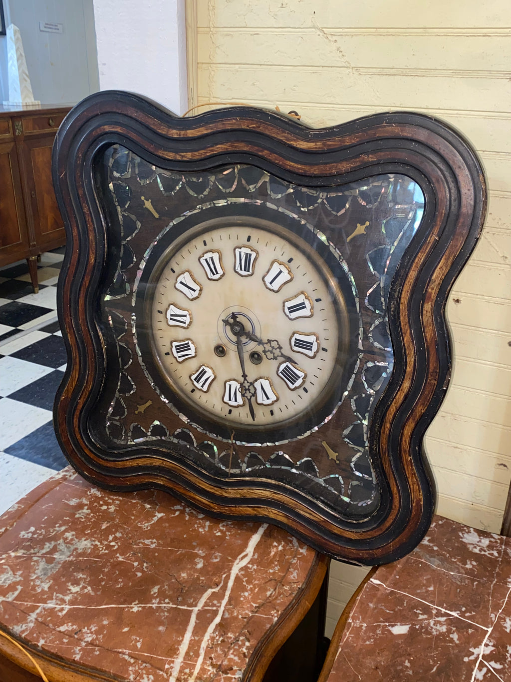 Antique French Wall Clock Inlaid w/ Mother of Pearl C. 1870