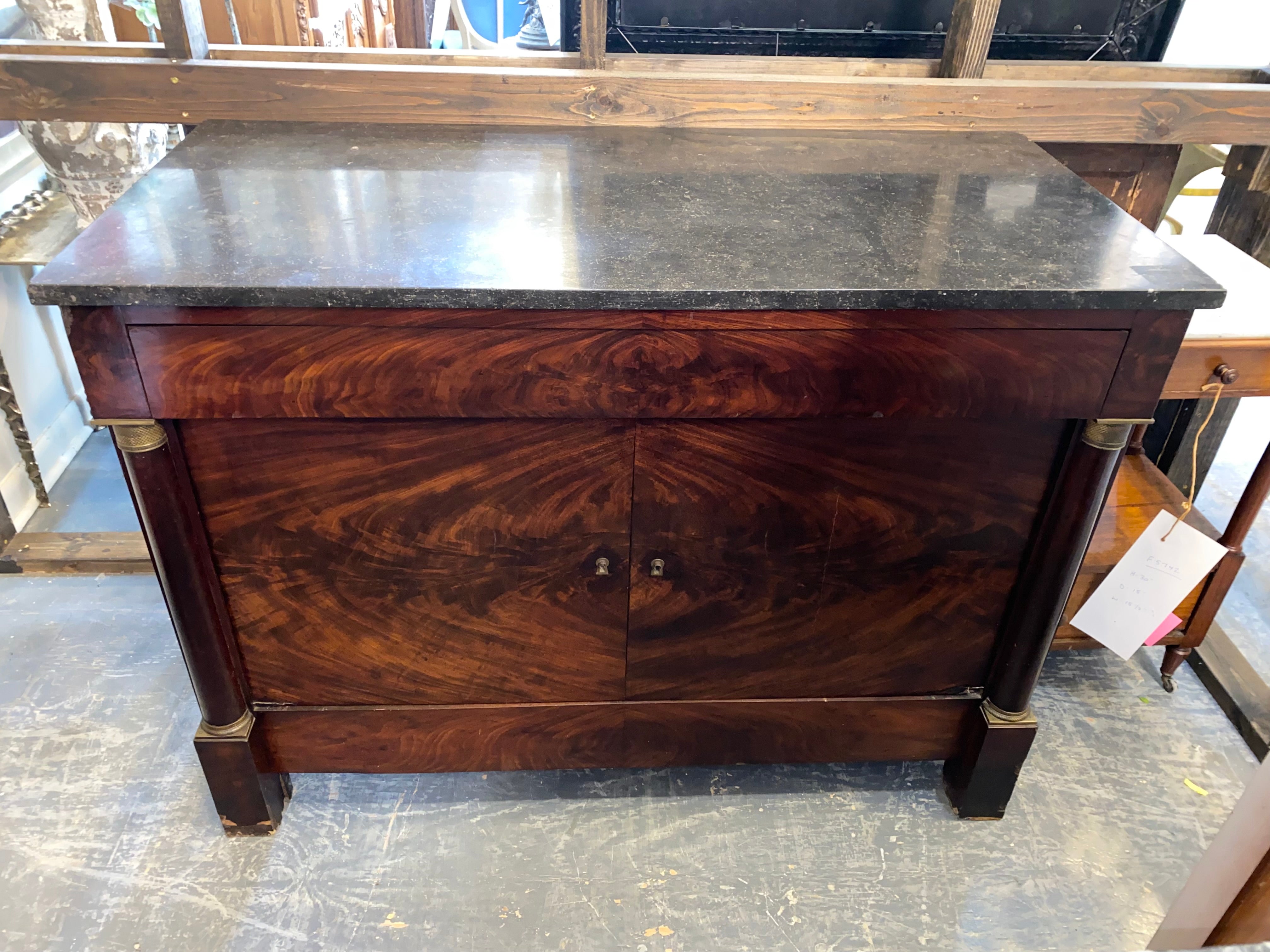 French Empire Flame Mahogany Marble Topped Sideboard C. 1900
