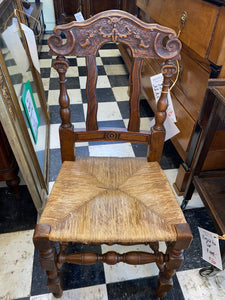 Set of 6 French Renaissance Style Carved Oak Rush Seat Dinning Chairs C. 1940s