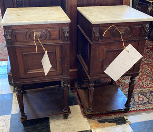 Pair of French Henri II Carved Oak Marble Topped Bedside Cabinets C. 1920s