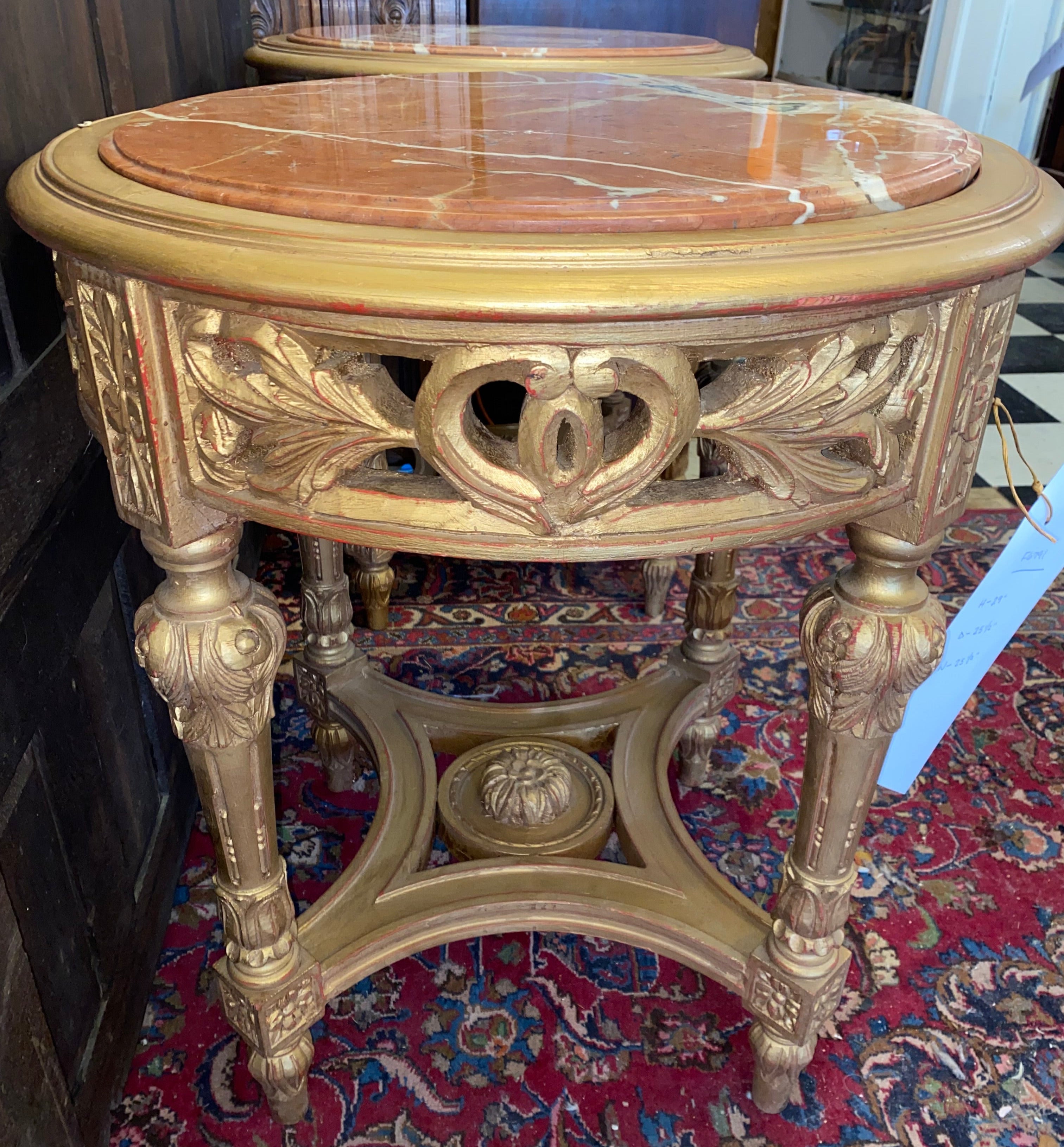 New Pair of Gilt Round Marble Topped End Tables