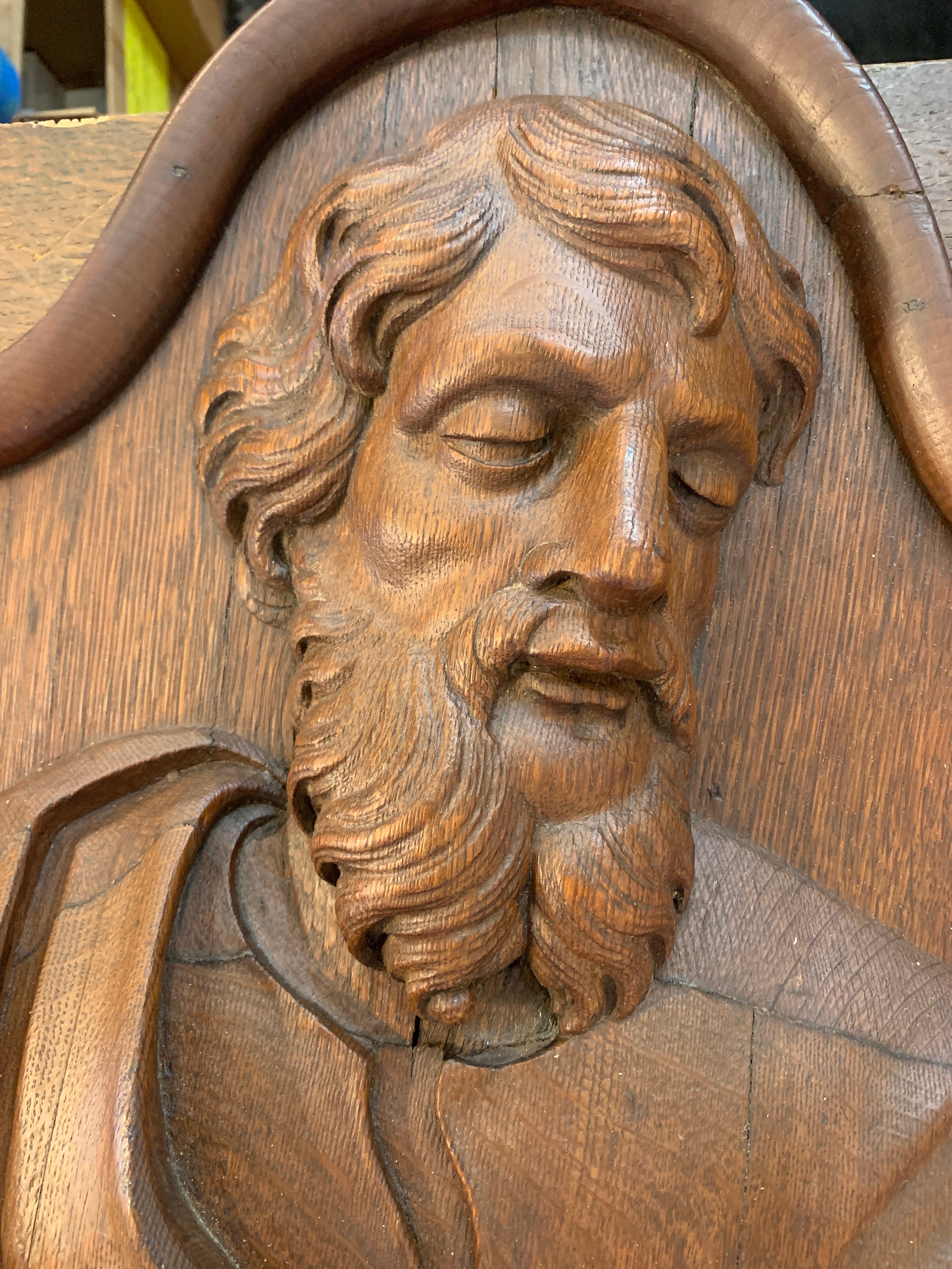 Hand Carved Oak French Religious Plaque of a Saint c.1750s to 1820s