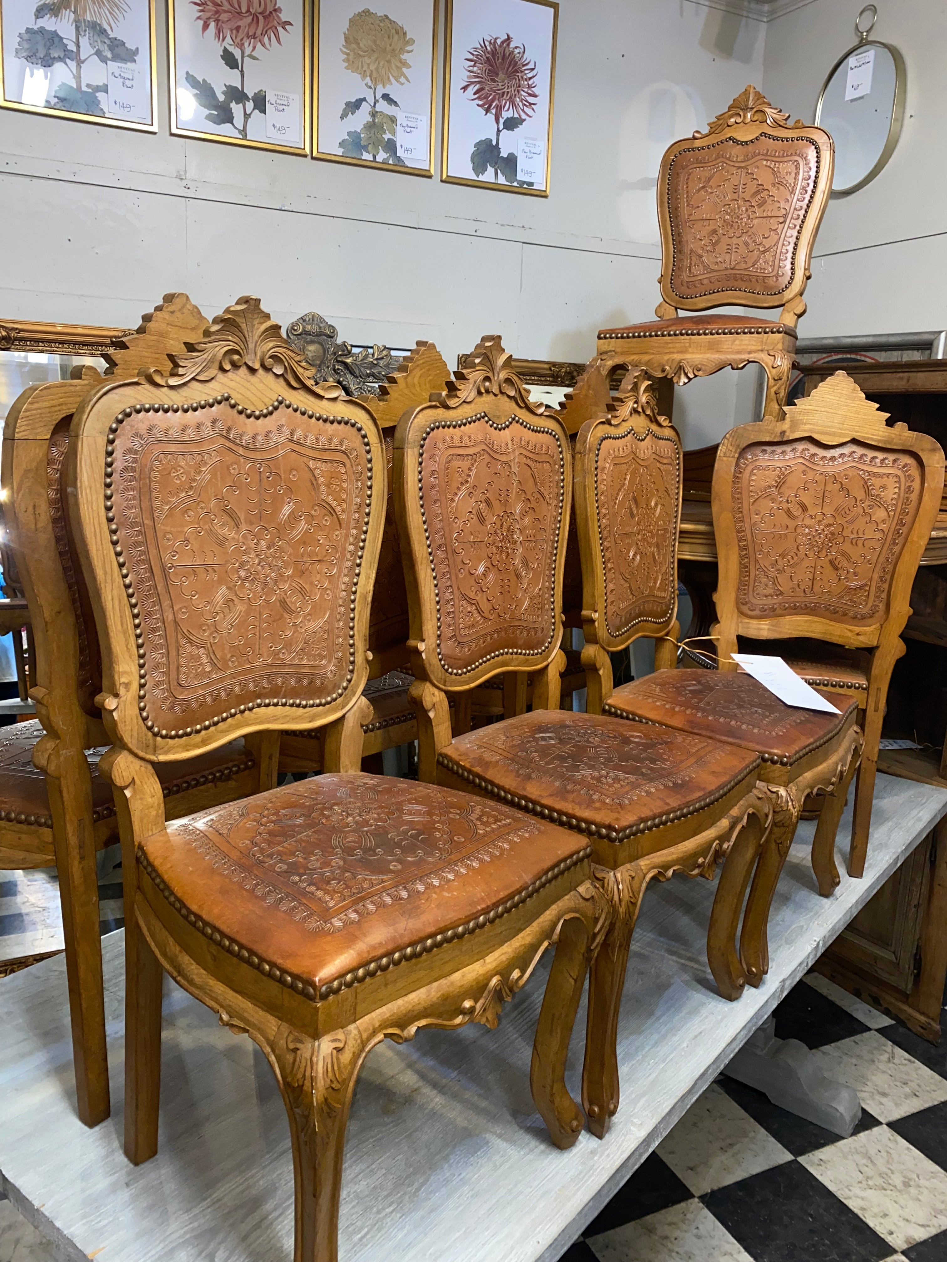 French Leather Dining Chairs in Oak C. 1940s