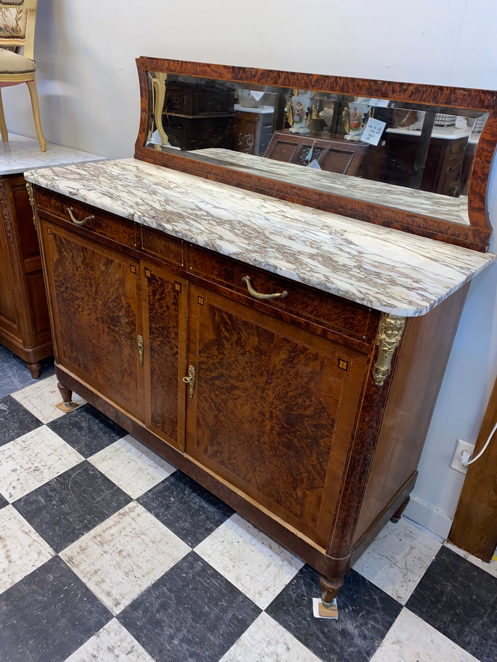 Louis XVI Marble Topped Burled Walnut Sideboard C. 1920s