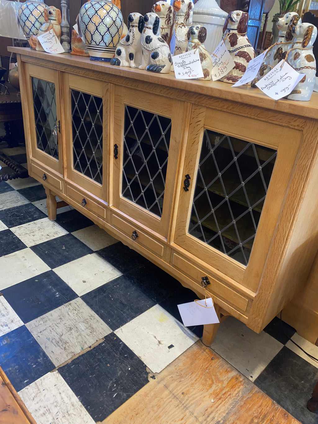 Oak Leaded Glass Door Sideboard from Wales C. 1950s