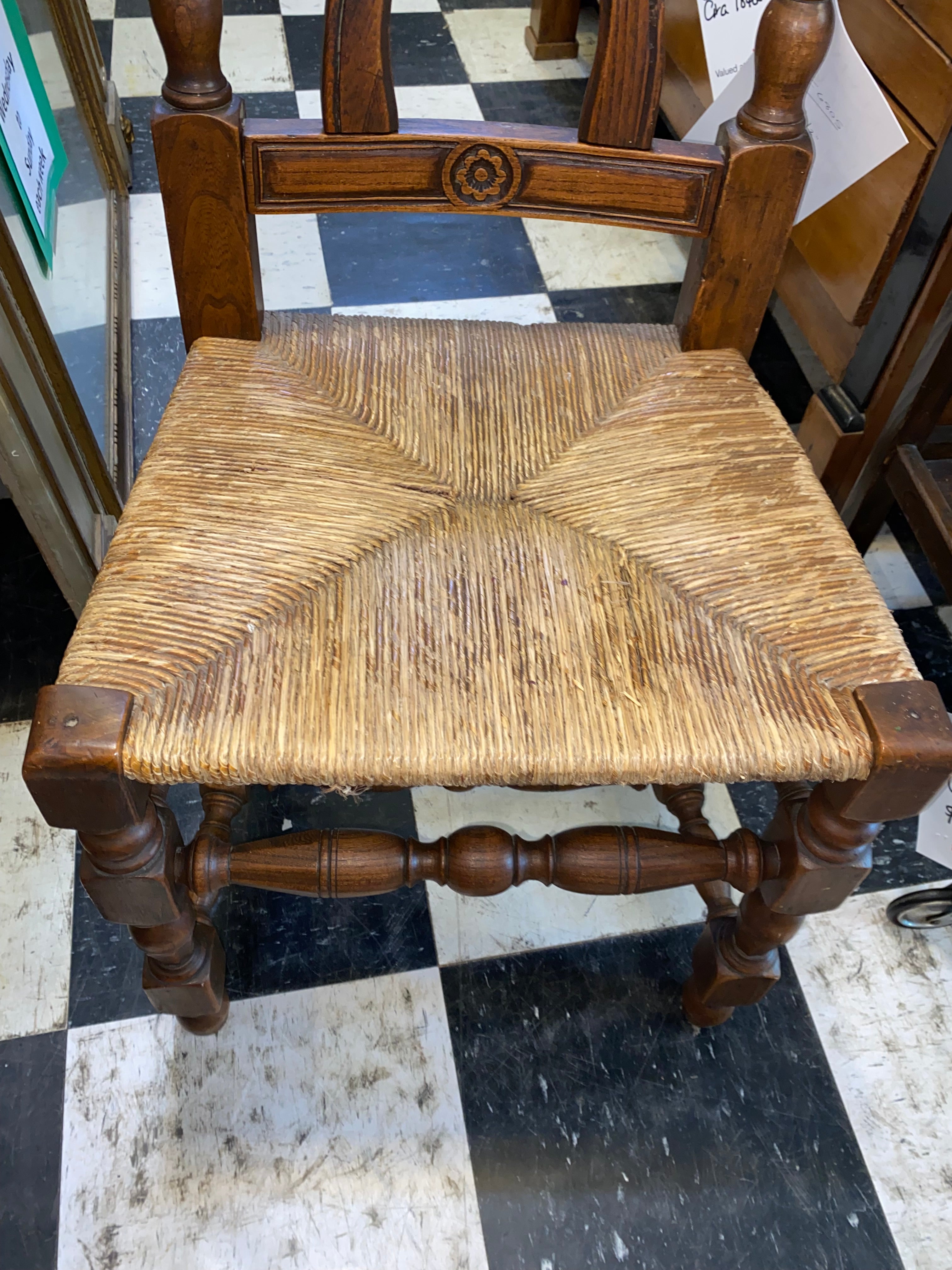Set of 6 French Renaissance Style Carved Oak Rush Seat Dinning Chairs C. 1940s