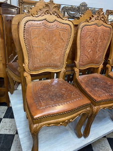 French Leather Dining Chairs in Oak C. 1940s