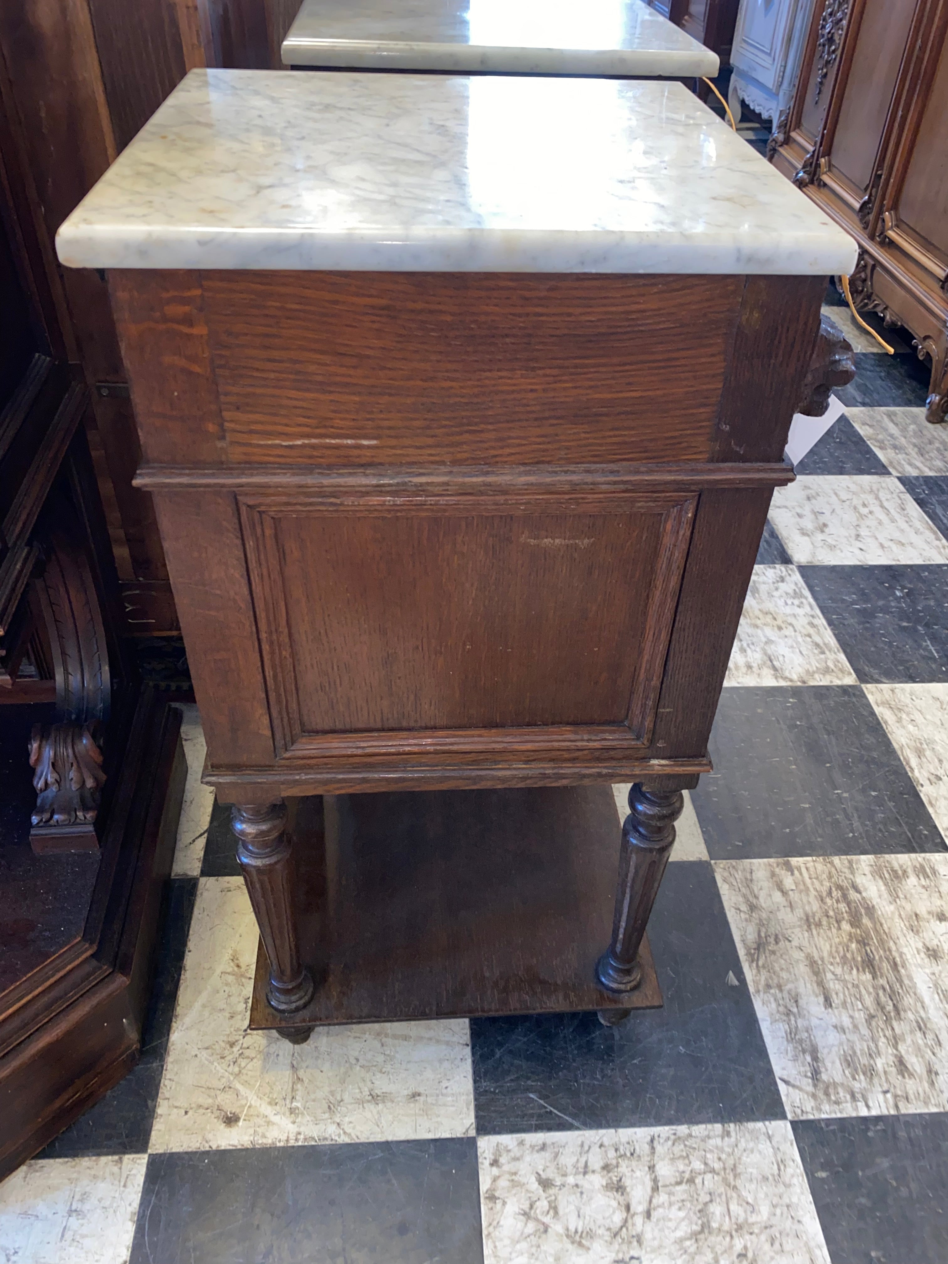 Pair of French Henri II Carved Oak Marble Topped Bedside Cabinets C. 1920s