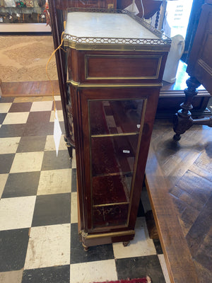 Marble Topped Ormolu Trimmed Mahogany Curio Cabinet French C. 1920s