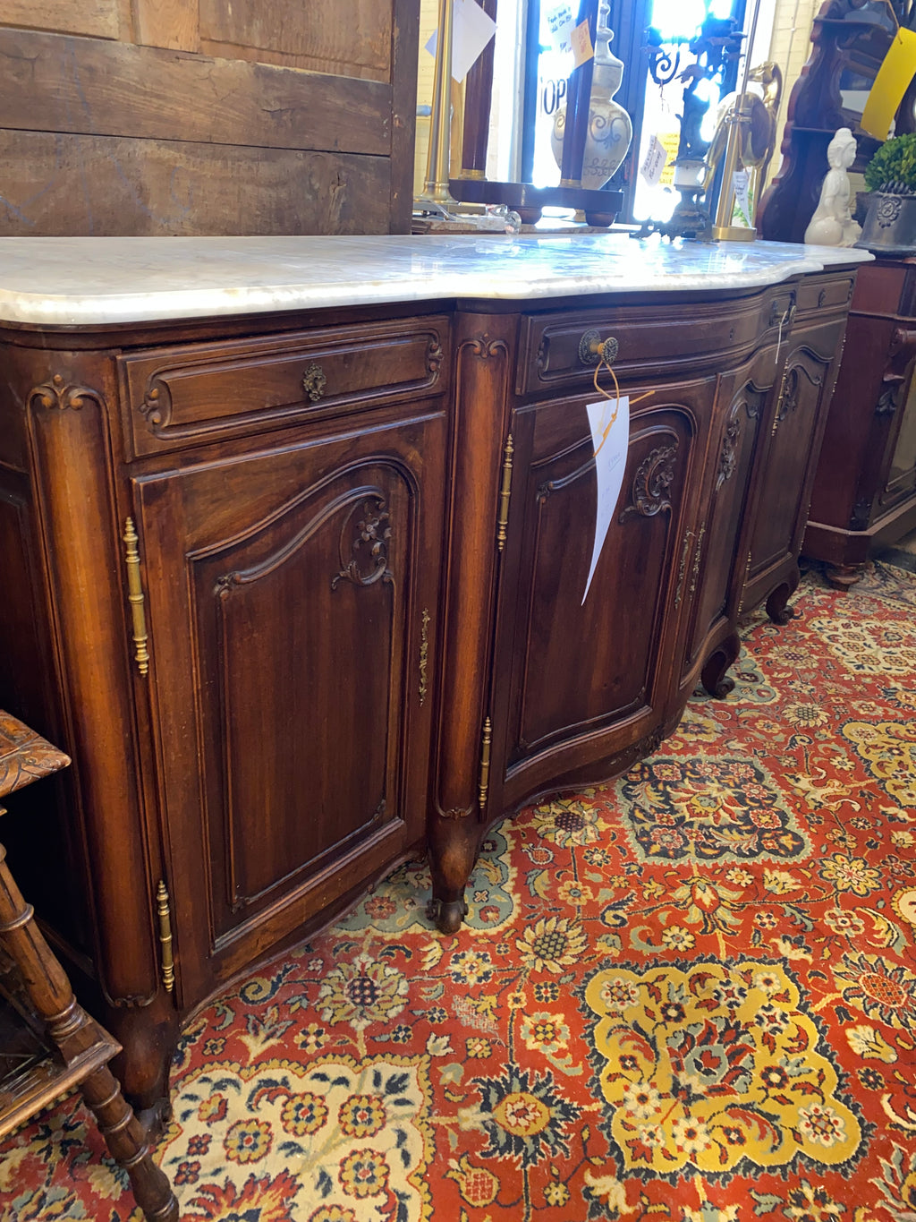French Walnut Bow Front Marble Topped Sideboard C. 1930s