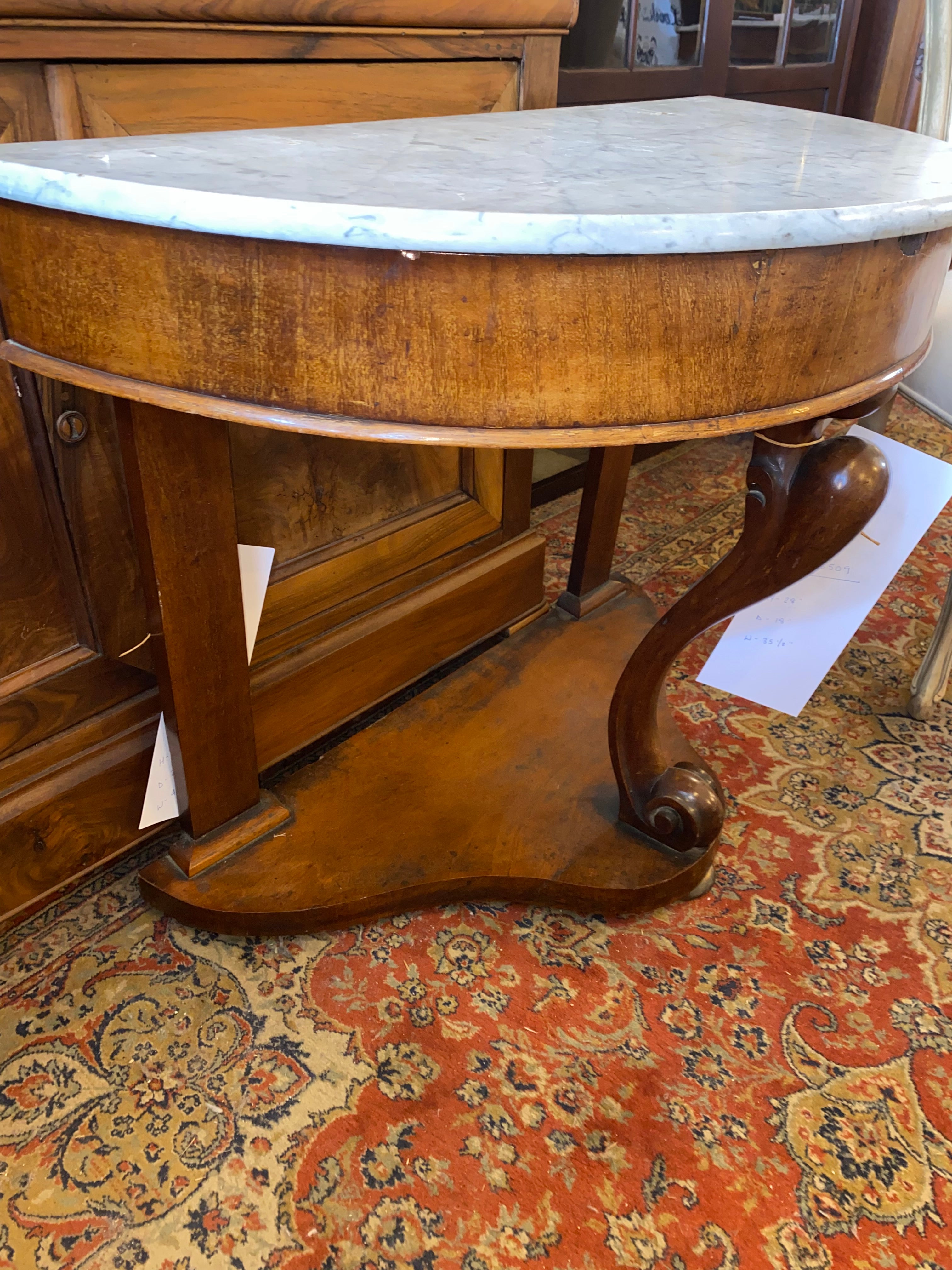 English Mahogany Marble Topped Demi Lune Console Table C. 1900