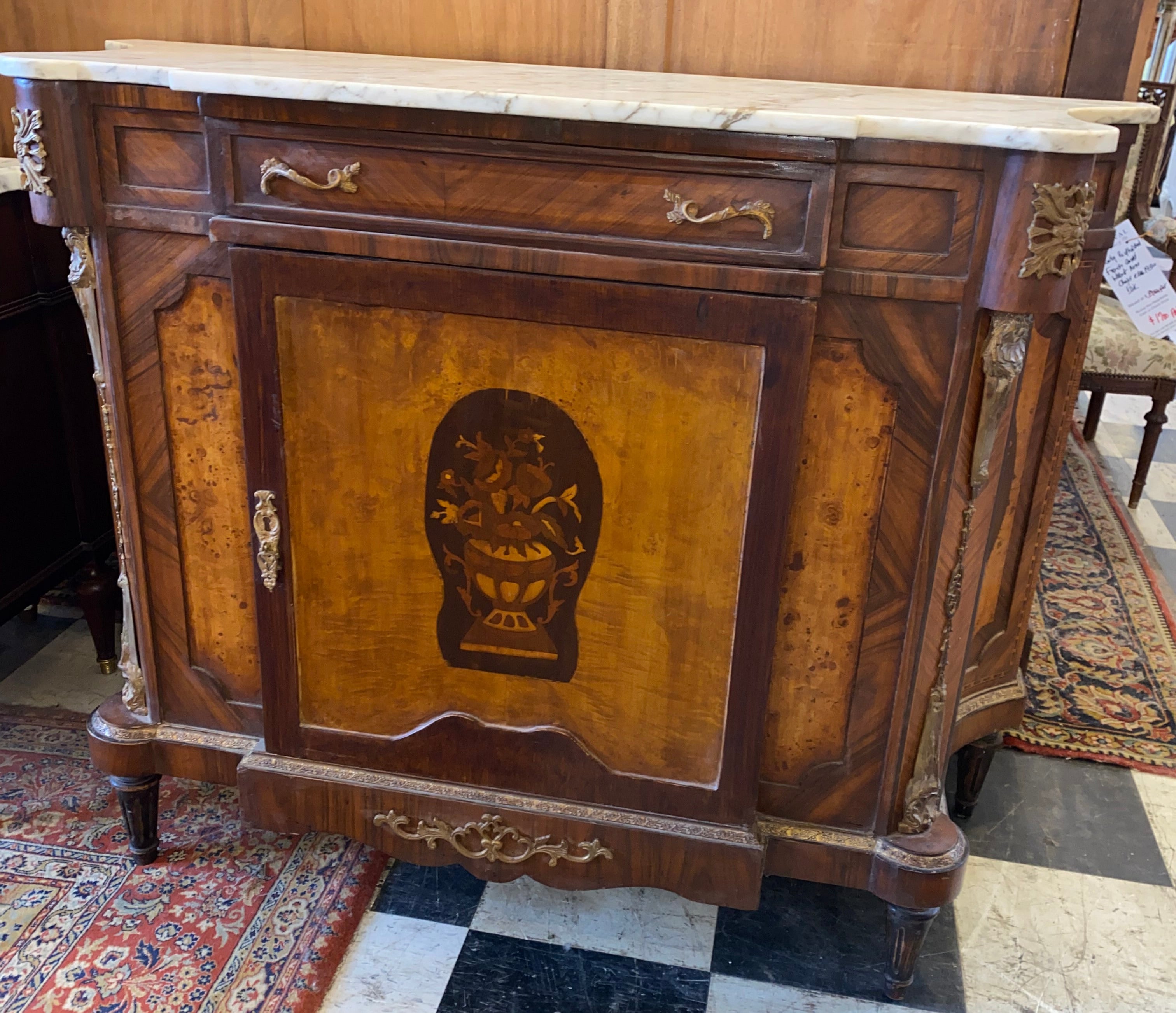 French Reproduction Marble Top Console Cabinet