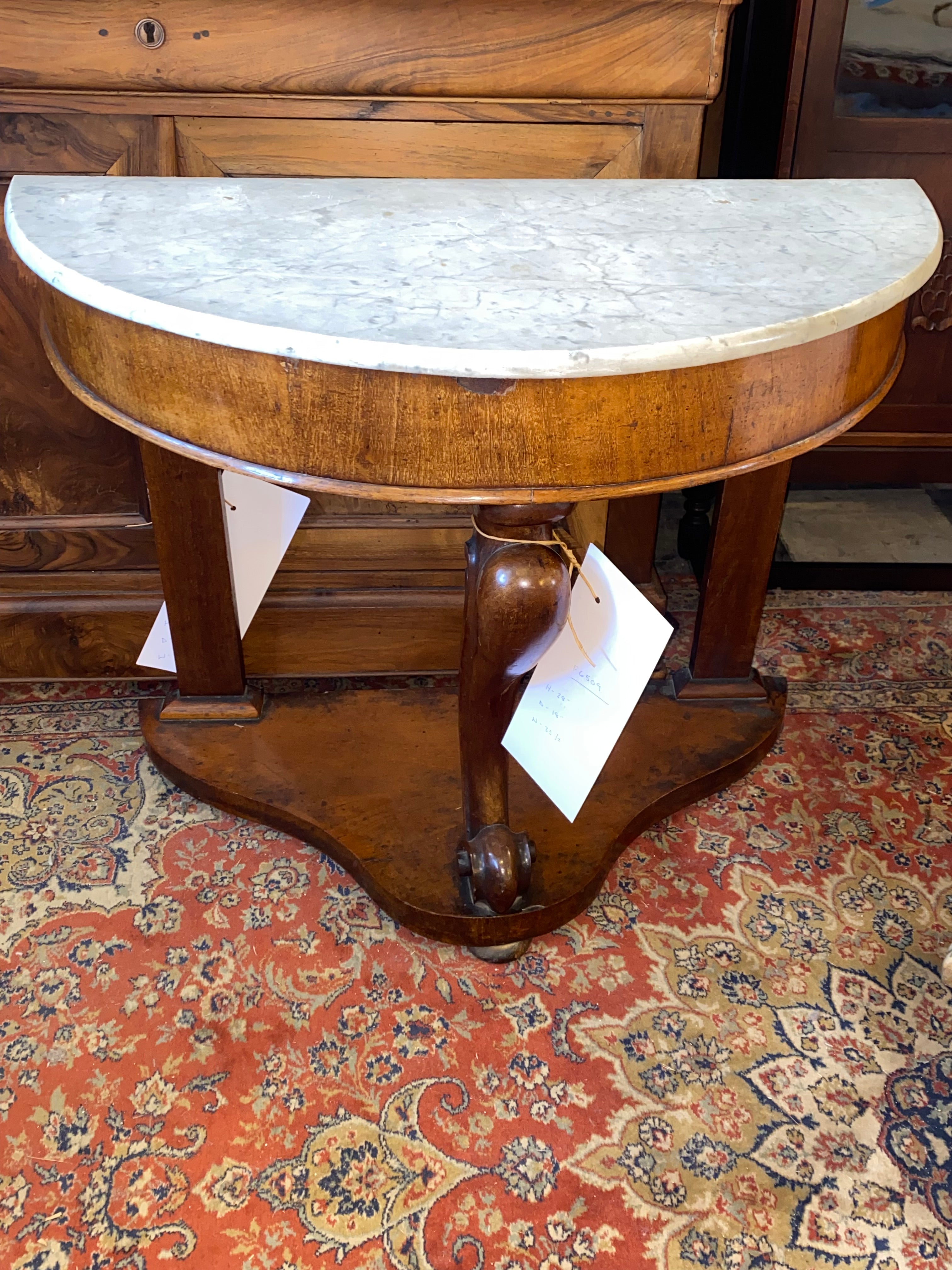 English Mahogany Marble Topped Demi Lune Console Table C. 1900