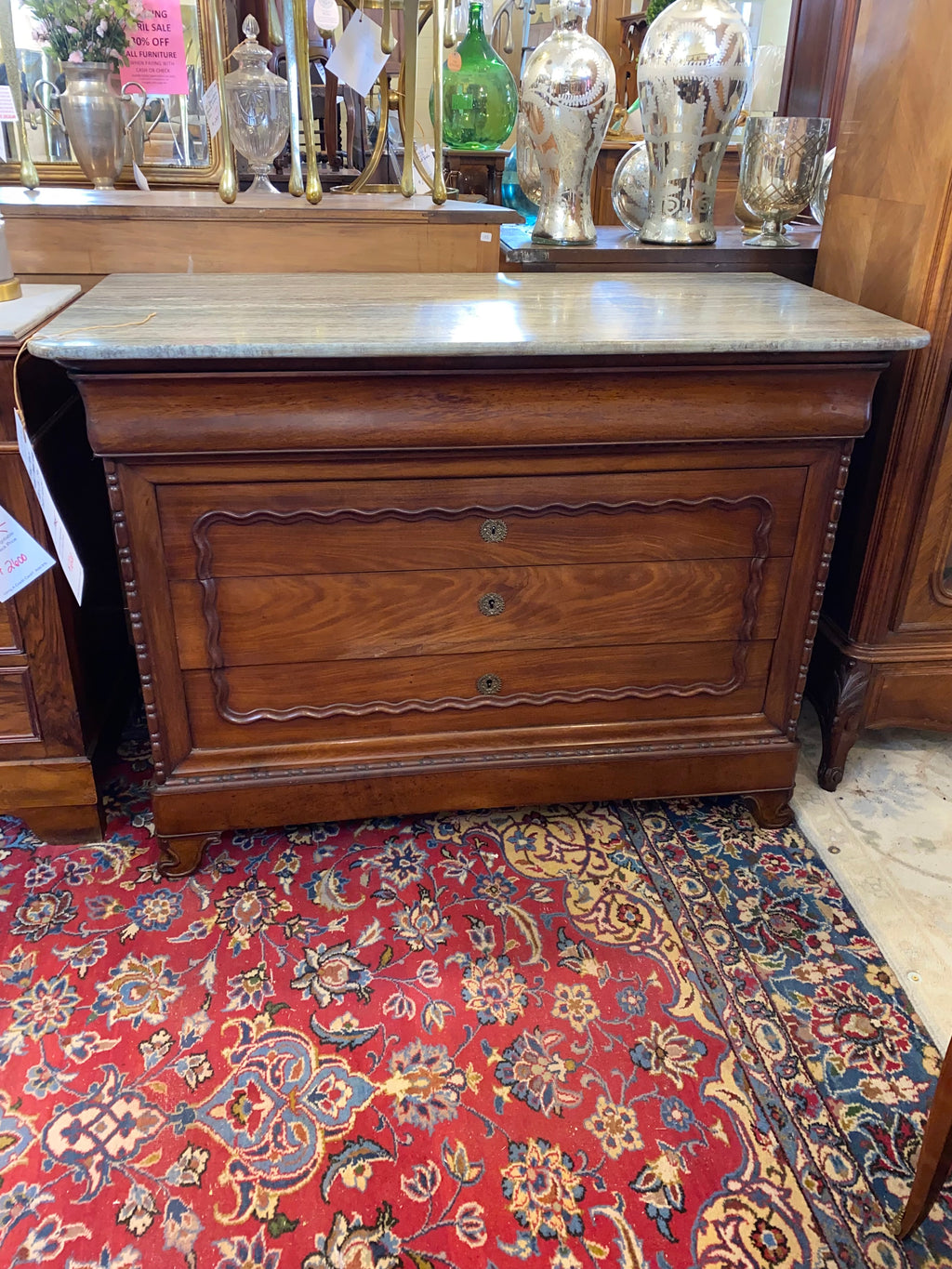 Antique French Walnut Marble Topped Chest C. 1900
