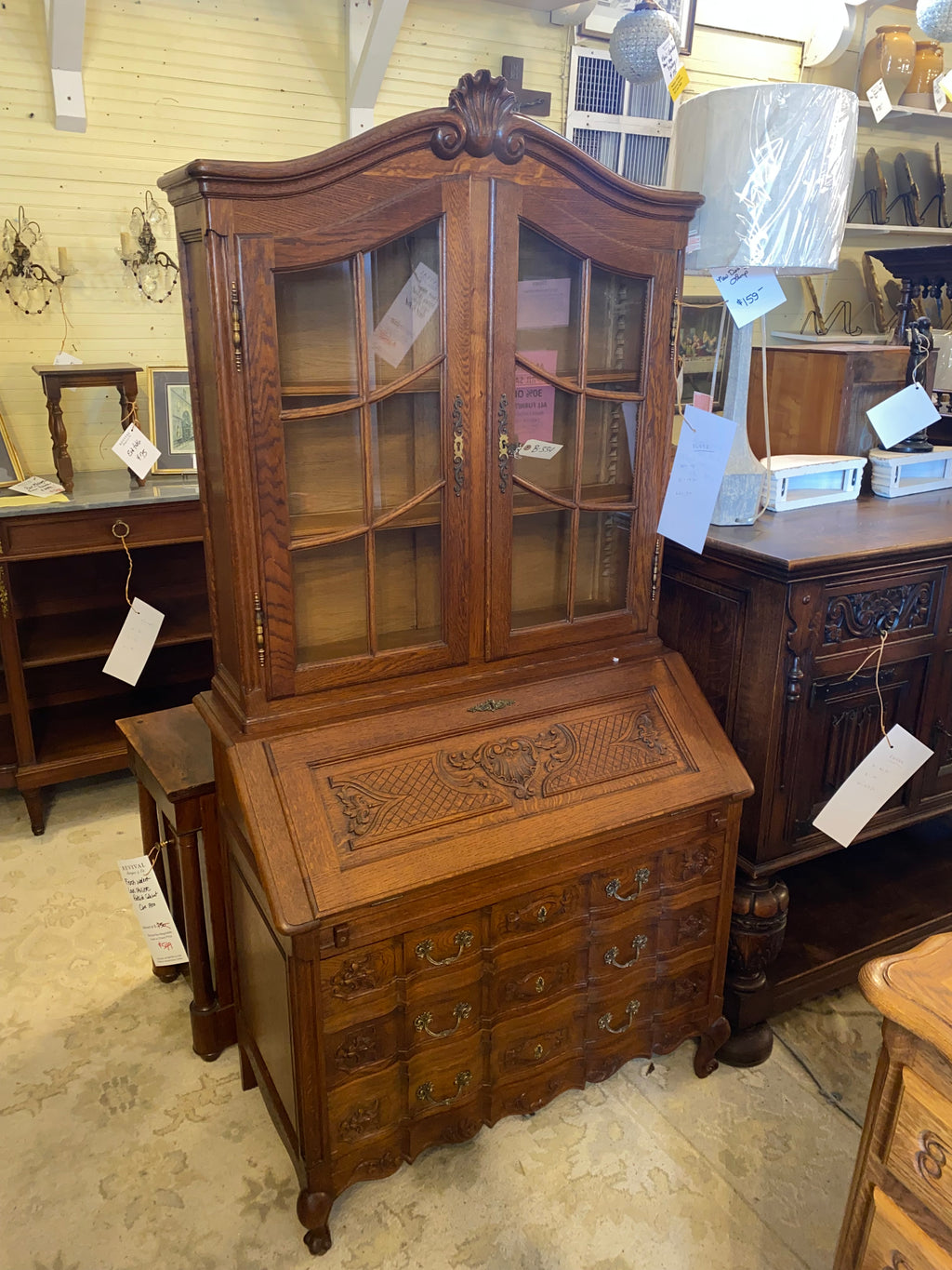 Country French Carved Oak Secretary Bookcase Desk C. 1940s
