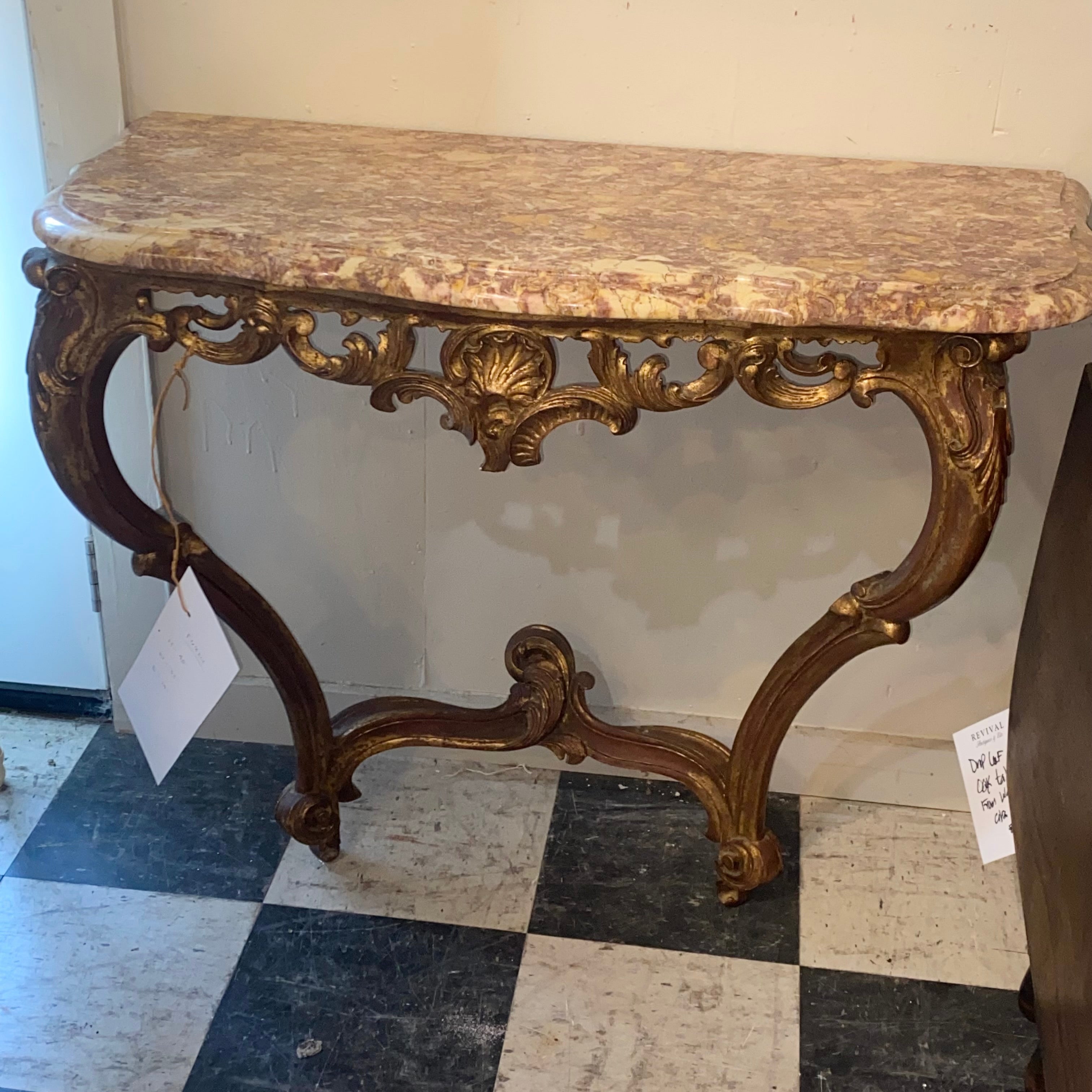 Italian Wall Mounted Gilt Console Table Marble Topped C. 1920s