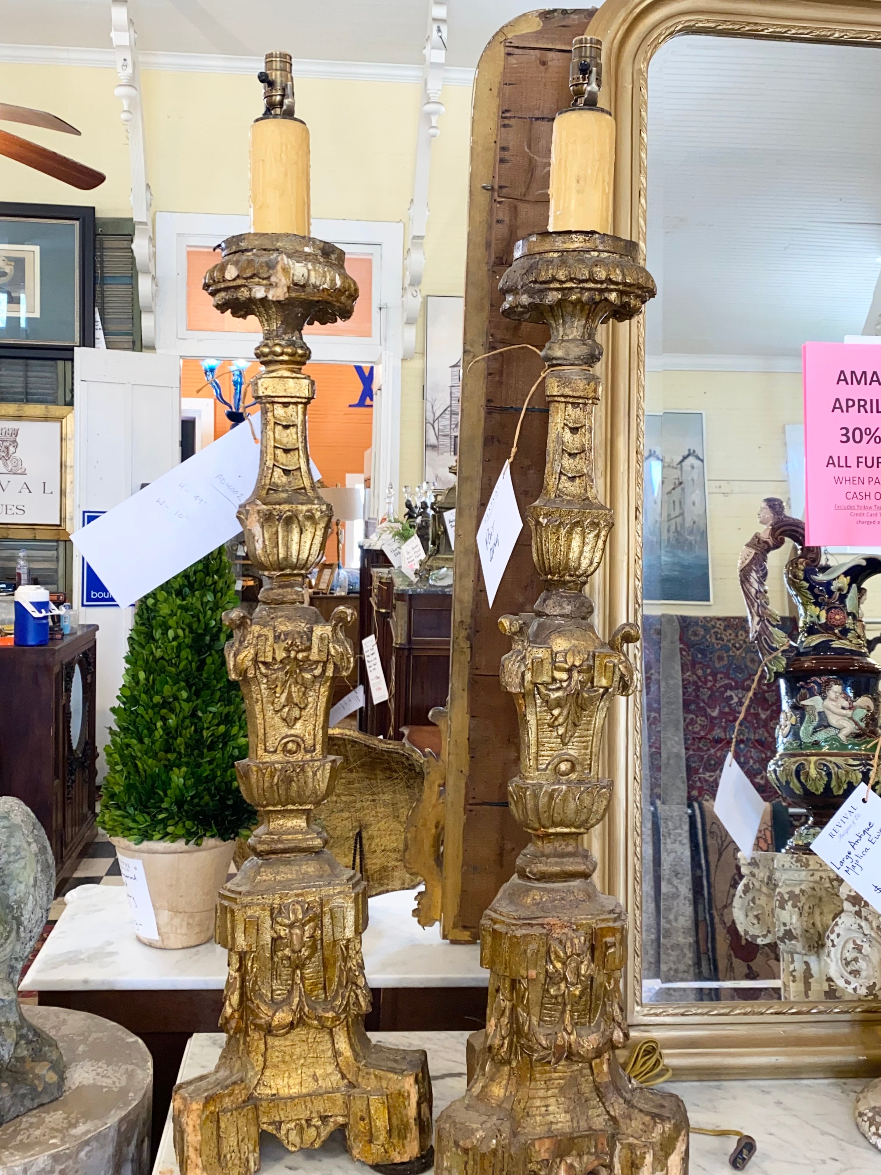 AS IS Pair of Hand Carved Gilt Wood Italian Candlesticks C. 1700s