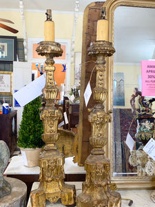 AS IS Pair of Hand Carved Gilt Wood Italian Candlesticks C. 1700s