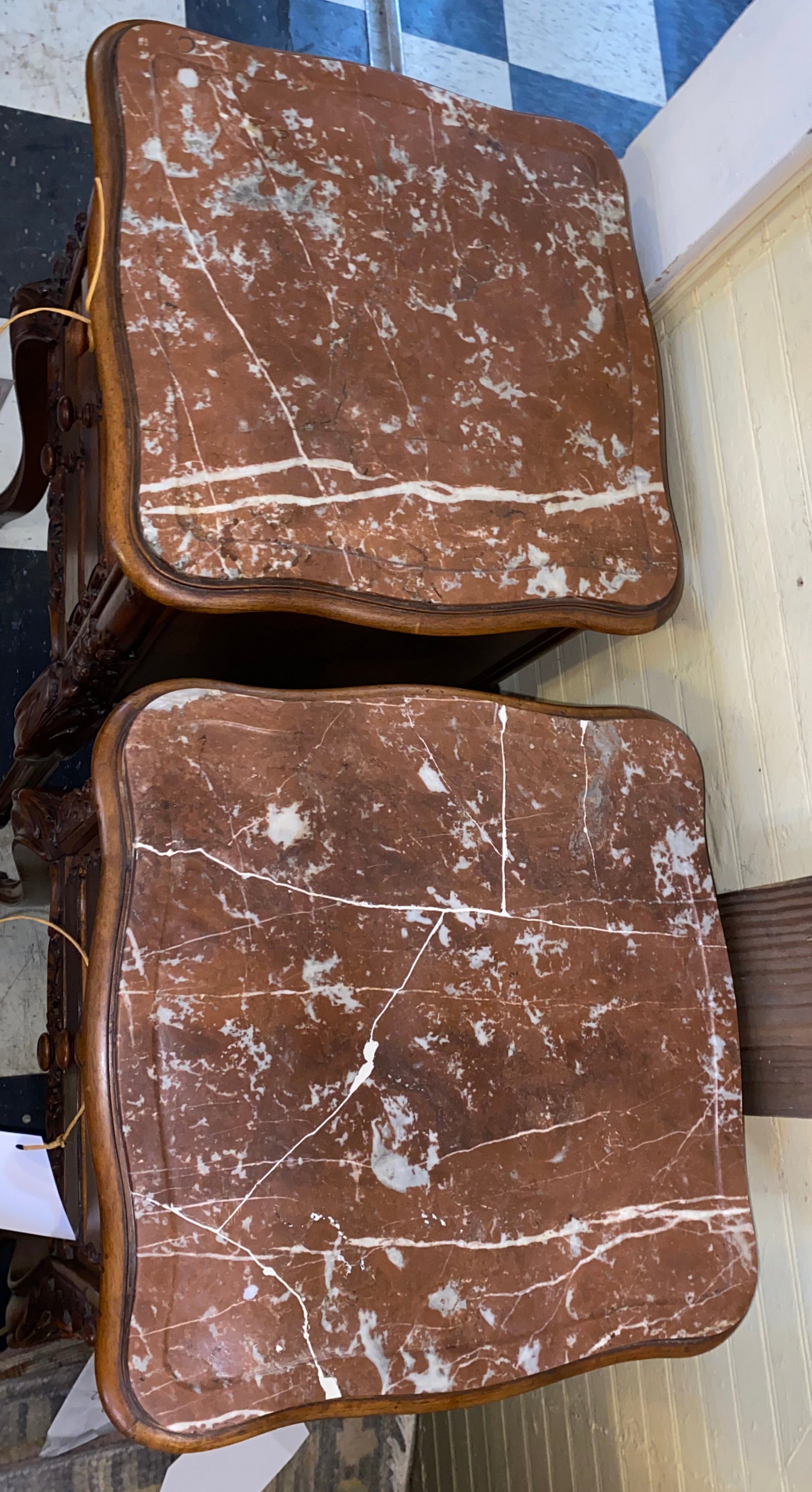 Pair of French Antique Louis XV Carved Walnut Marble Topped Bedside Cabinets C. 1920s