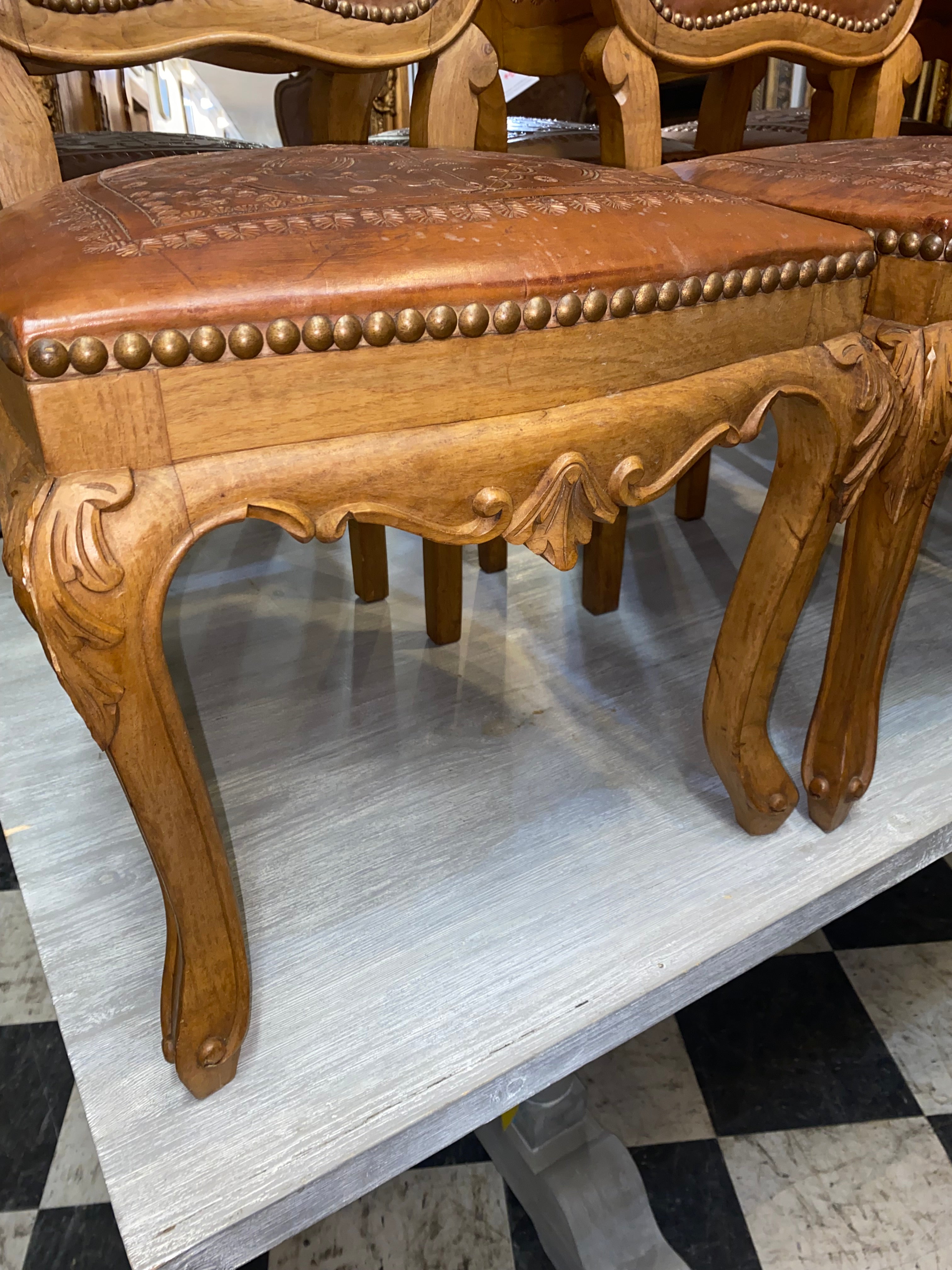 French Leather Dining Chairs in Oak C. 1940s