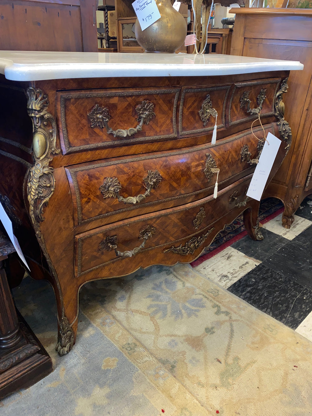 French Parquetry Inlaid Ormolu Trimmed Marble Topped Bombe Chest C. 1930s