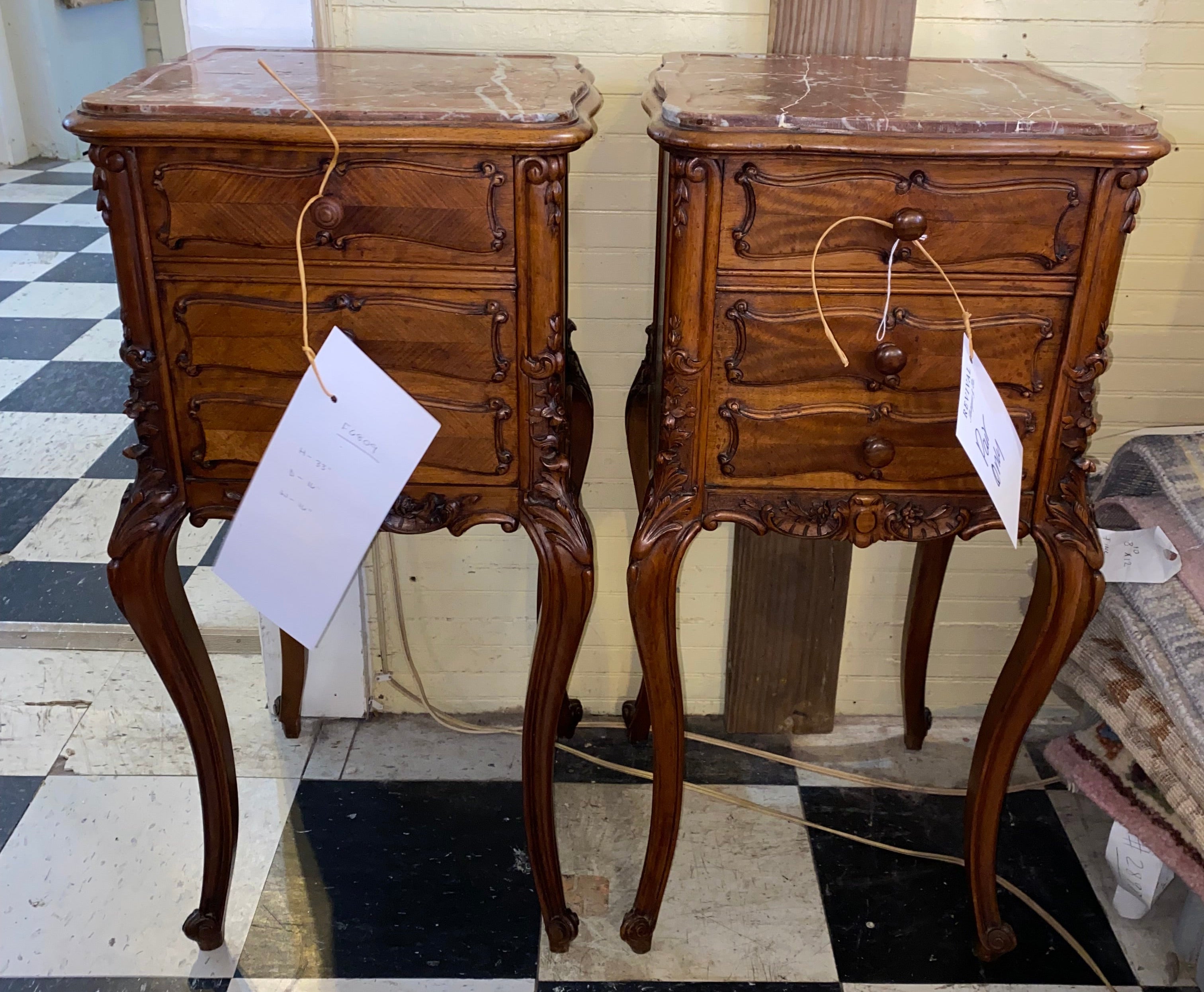 Pair of French Antique Louis XV Carved Walnut Marble Topped Bedside Cabinets C. 1920s