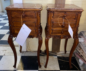 Pair of French Antique Louis XV Carved Walnut Marble Topped Bedside Cabinets C. 1920s