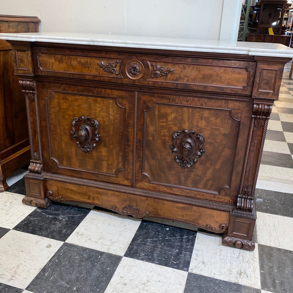 French Heirloom Quality Marble Topped Butlers Desk in Mahogany C. 1890s