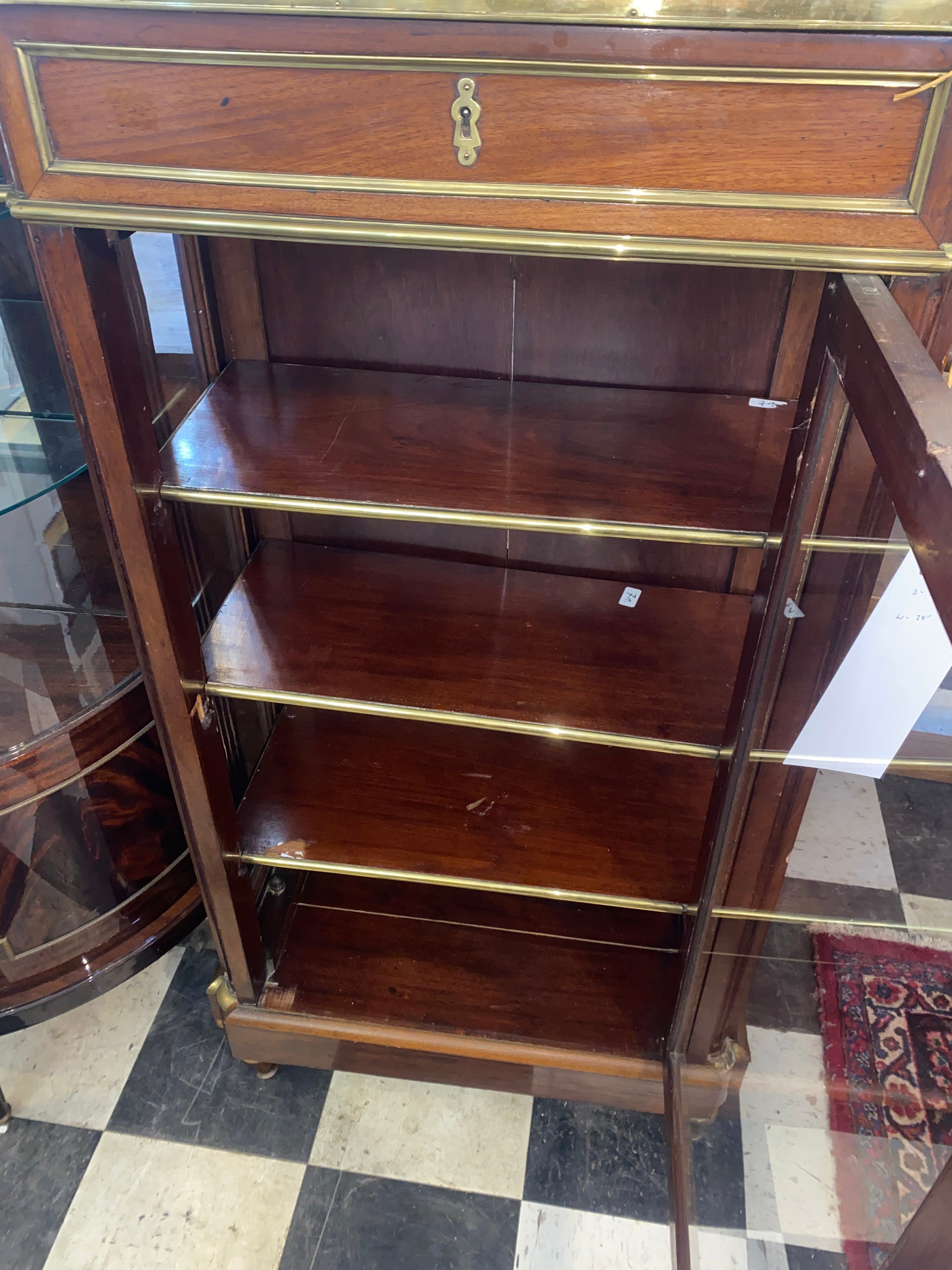 Marble Topped Ormolu Trimmed Mahogany Curio Cabinet French C. 1920s