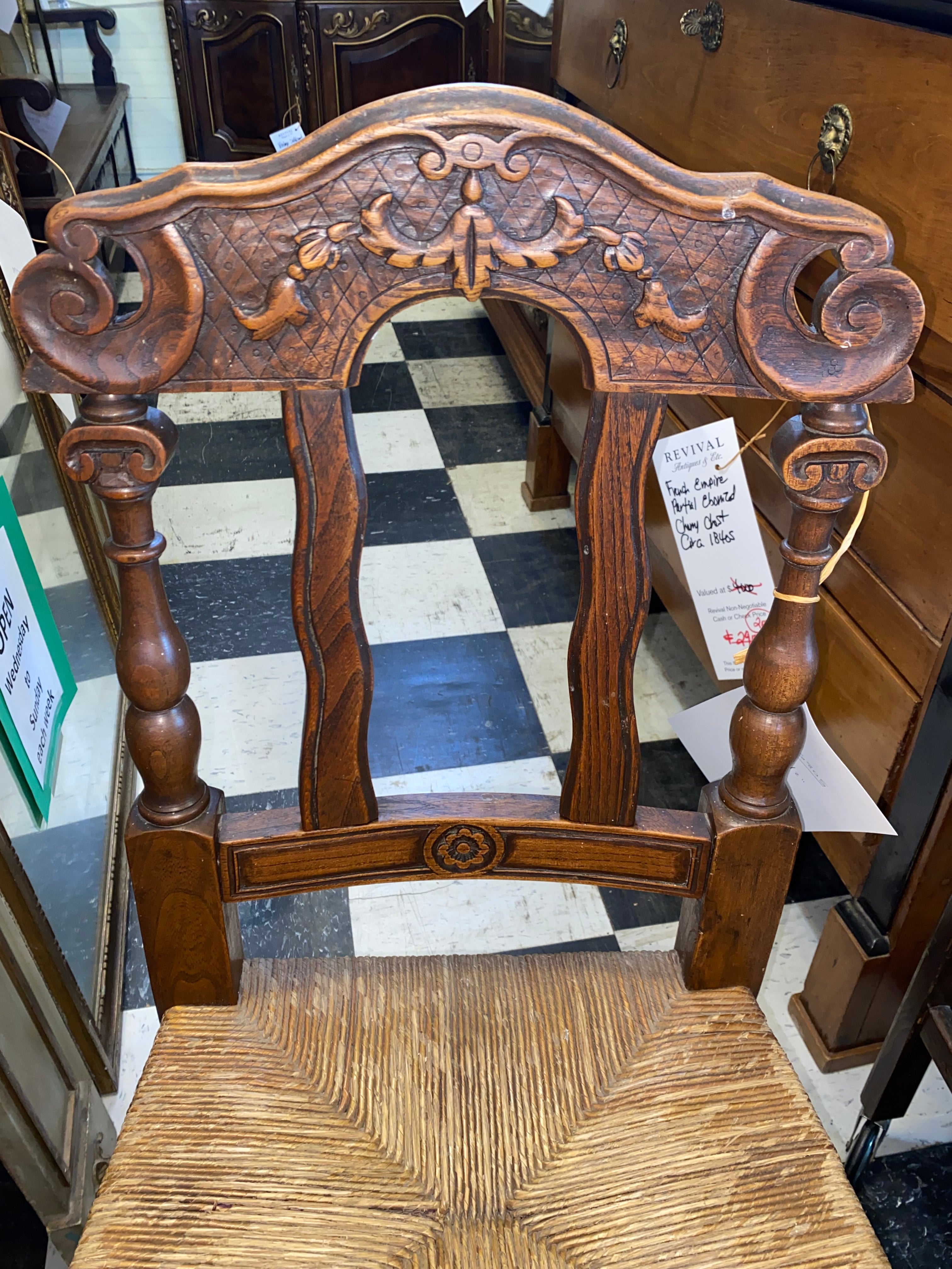 Set of 6 French Renaissance Style Carved Oak Rush Seat Dinning Chairs C. 1940s