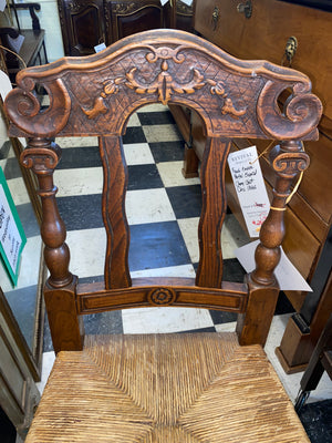 Set of 6 French Renaissance Style Carved Oak Rush Seat Dinning Chairs C. 1940s
