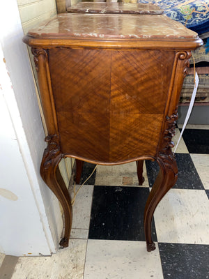 Pair of French Antique Louis XV Carved Walnut Marble Topped Bedside Cabinets C. 1920s
