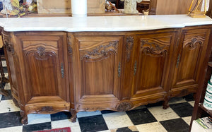 French Carved Walnut Marble Topped Sideboard C. 1930s