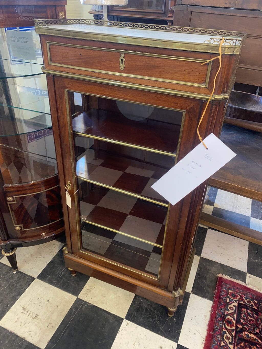 Marble Topped Ormolu Trimmed Mahogany Curio Cabinet French C. 1920s