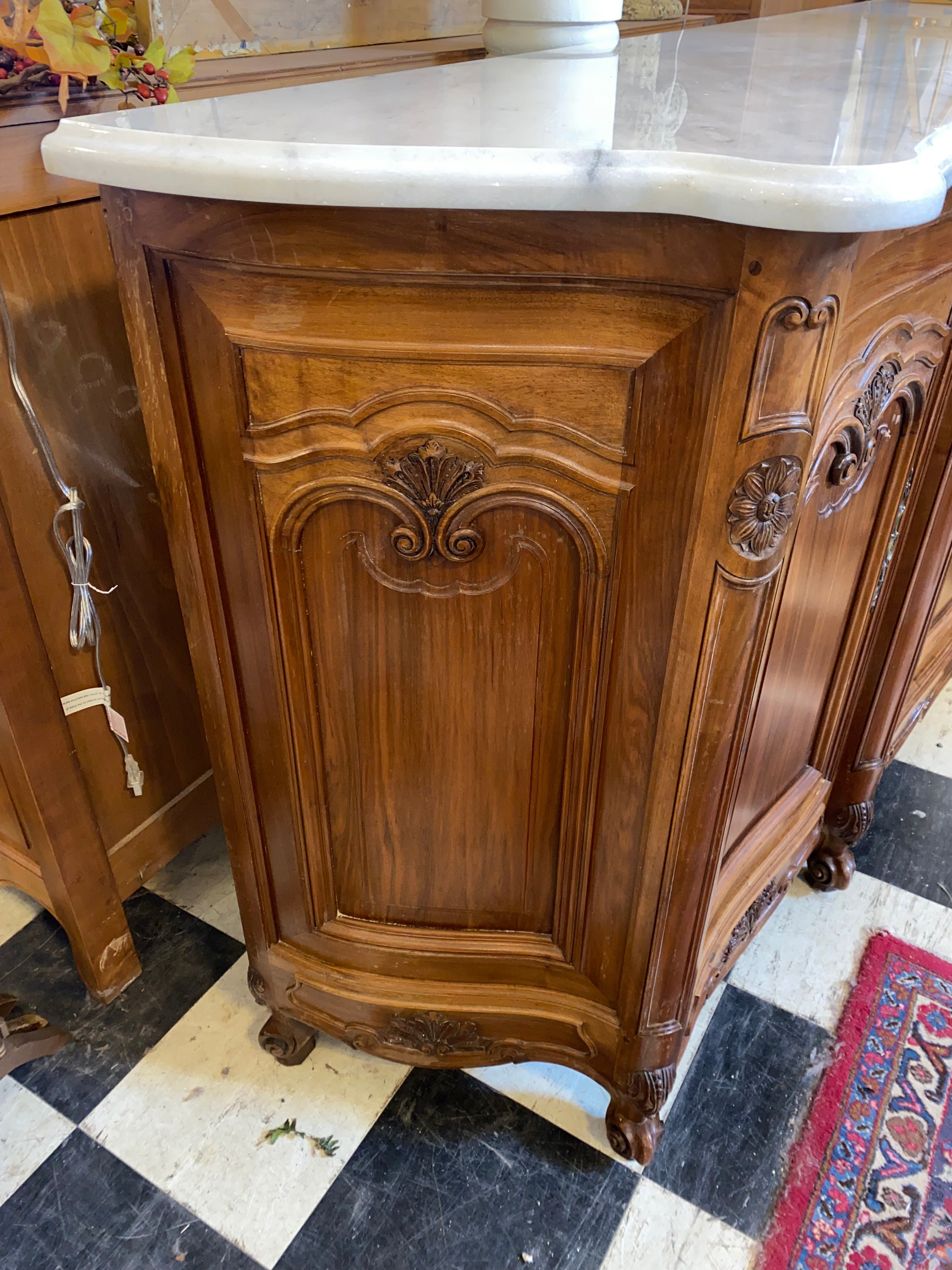 French Carved Walnut Marble Topped Sideboard C. 1930s