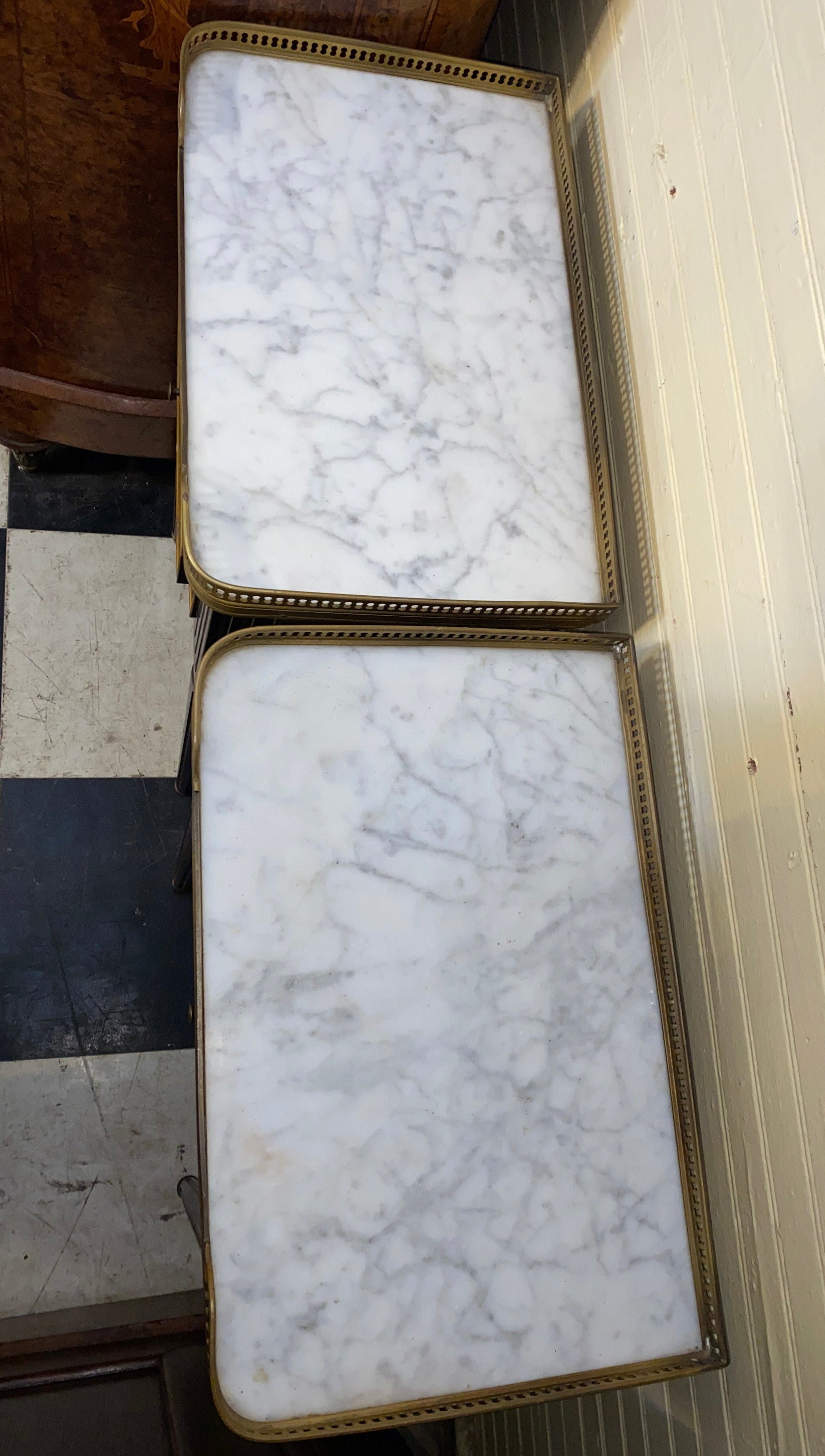 Pair of Pettie Marble Topped French Bedside Cabinets