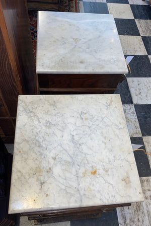 Pair of French Henri II Carved Oak Marble Topped Bedside Cabinets C. 1920s