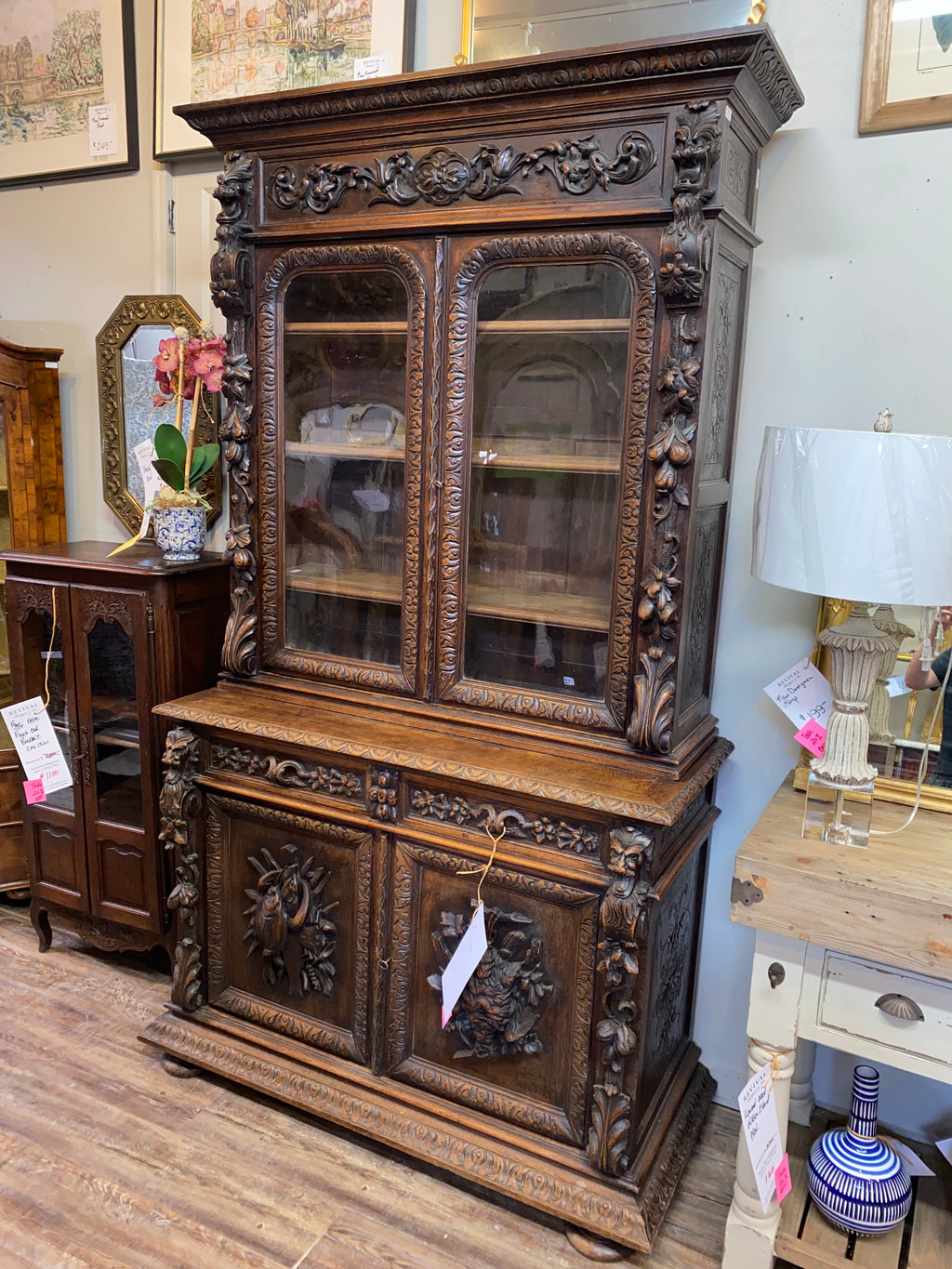 French Henri II Style Carved Oak Cabinet/Bookcase C. 1890