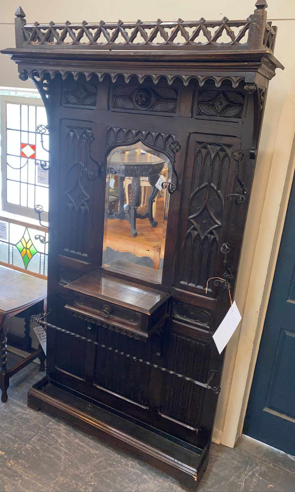French Gothic Carved Dark Oak Hall Tree C. 1890s