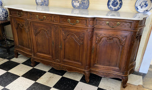 French Country Oak White Marble Topped Sideboard C. 1920s