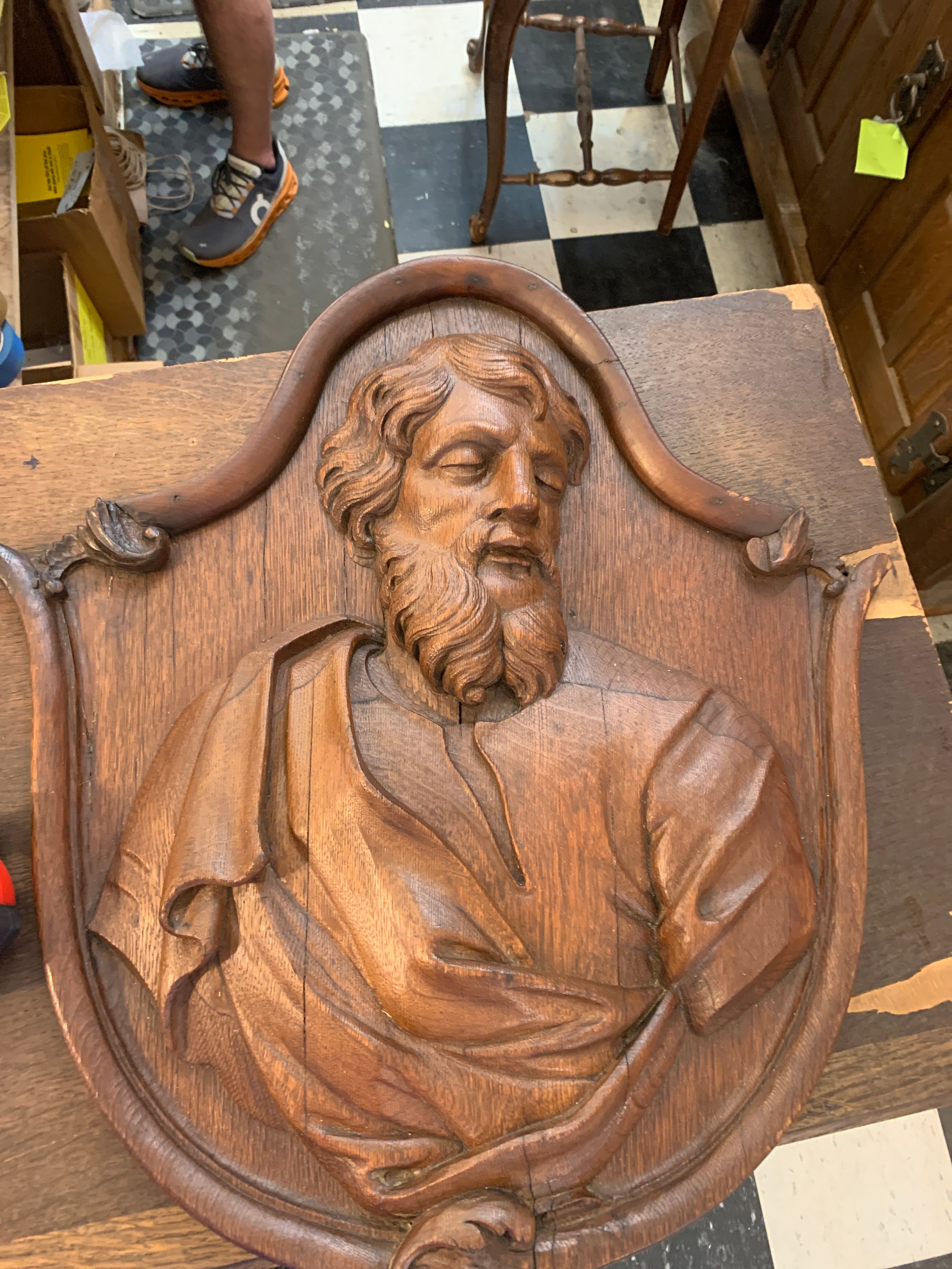 Hand Carved Oak French Religious Plaque of a Saint c.1750s to 1820s