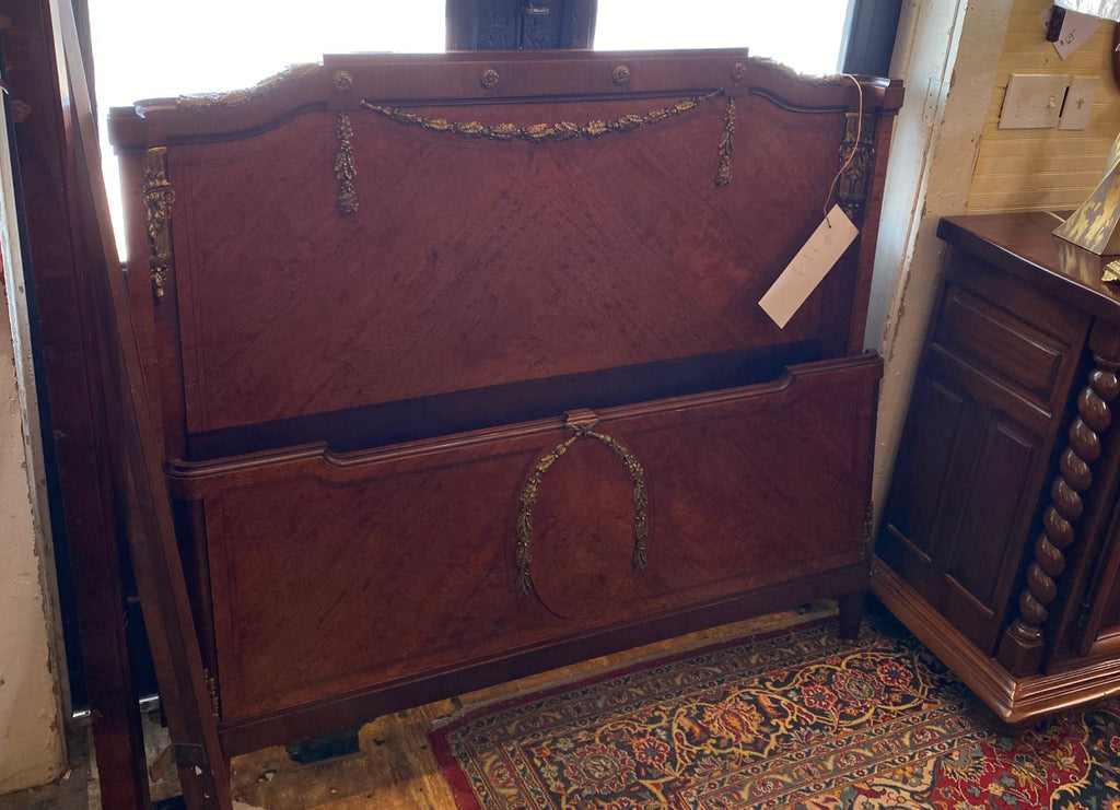 French Inlaid Walnut Ormolu Trimmed French "European Double" Size Bed C. 1920s