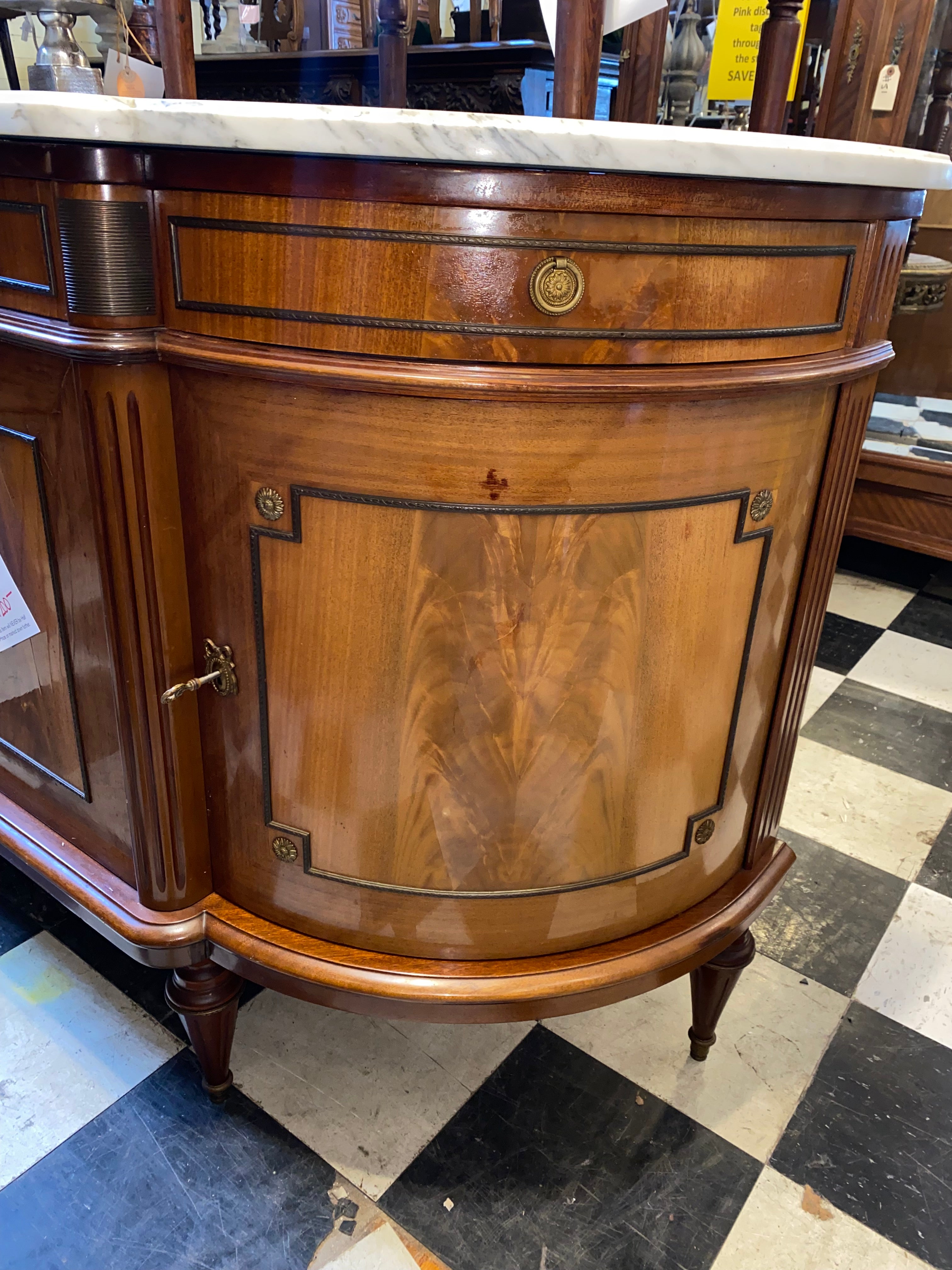 Flame Mahogany French Marble Topped Sideboard C. 1940s