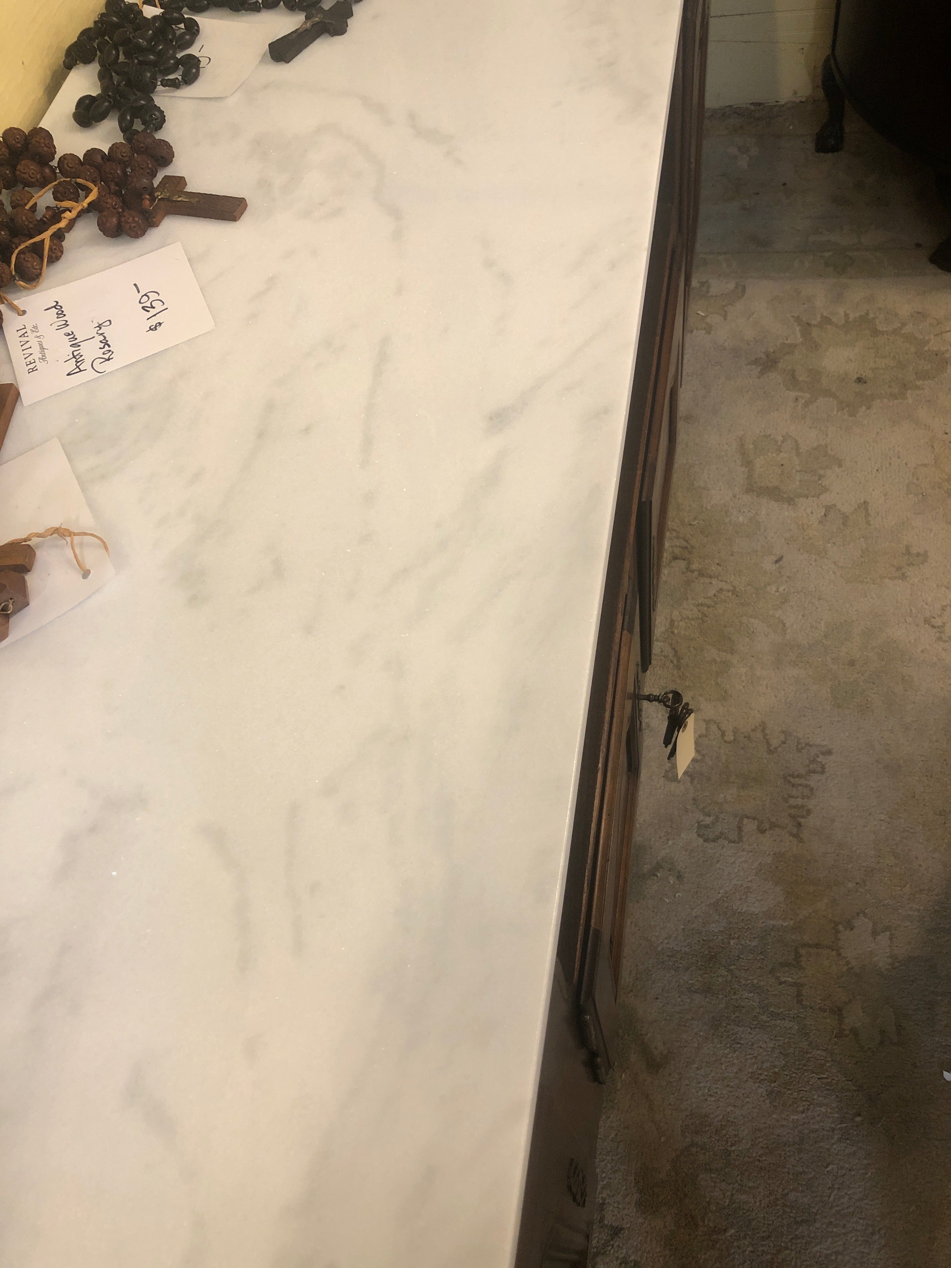 FRENCH PROVINCAL CARVED DARK OAK WHITE MARBLE TOP SIDEBOARD C.1920s GREAT SIZE