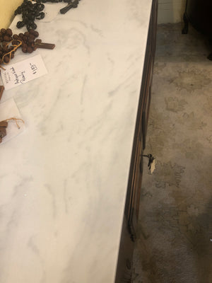 FRENCH PROVINCAL CARVED DARK OAK WHITE MARBLE TOP SIDEBOARD C.1920s GREAT SIZE