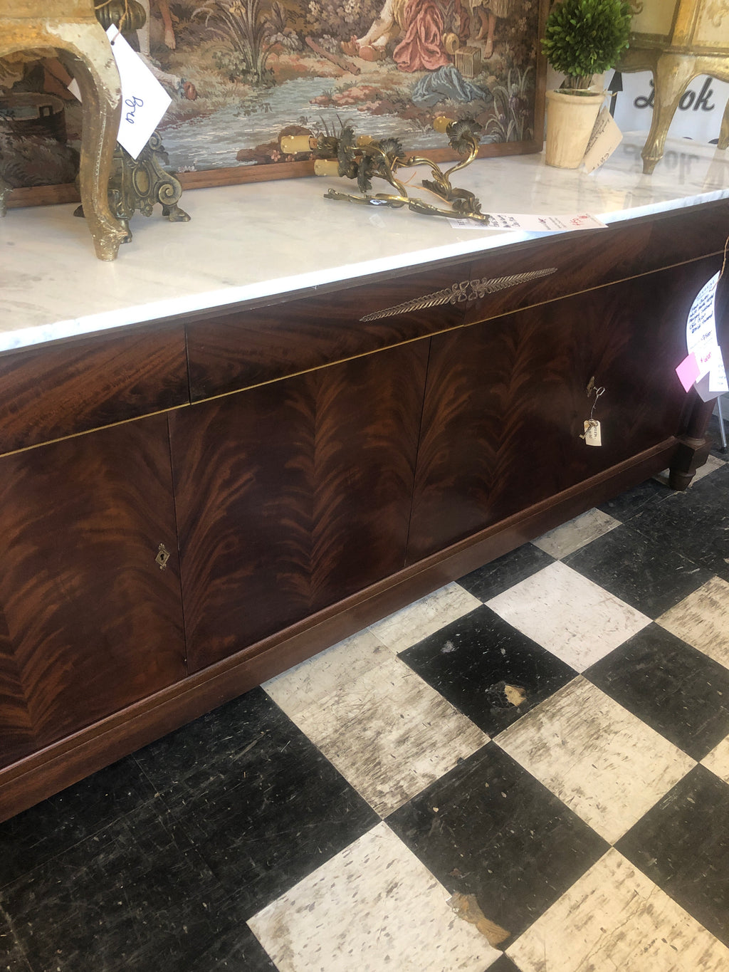French Empire White Marble Topped Mahogany Sideboard C. 1920s